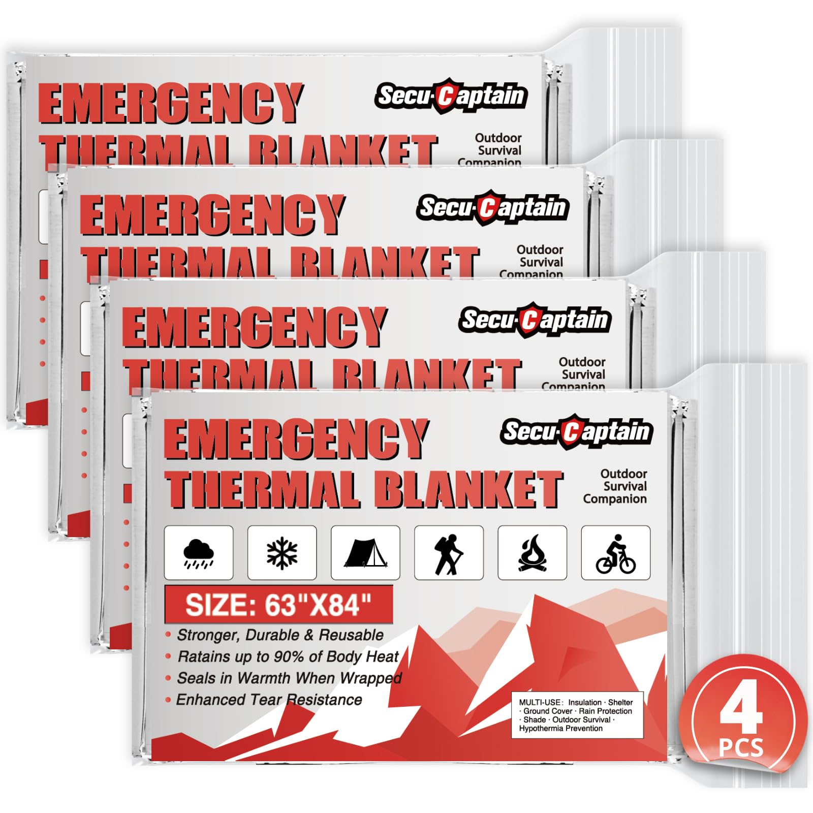 SecuCaptain Survival Emergency Thermal Blankets Extra Large 84 x63 Space Mylar Blanket Kit for Outdoor Cold Winter Camping