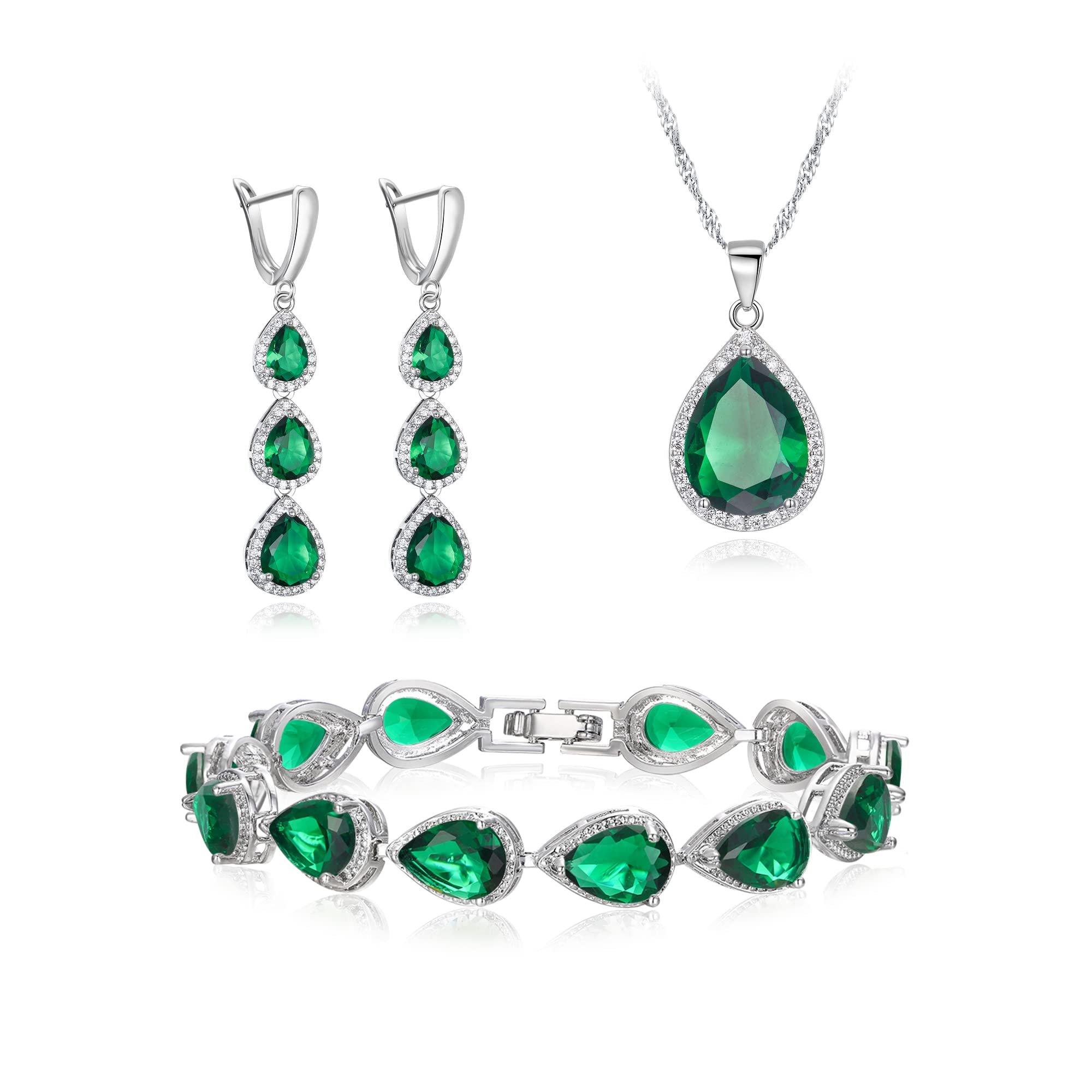 Clearine Juegos de Joyas de Mujer Conjunto de Joyería de la Boda para las Mujeres Chapado en Plata Lágrima Circonita Cúbica Collar Pendientes Colgantes Largos Pulsera Conjunto de Fiesta