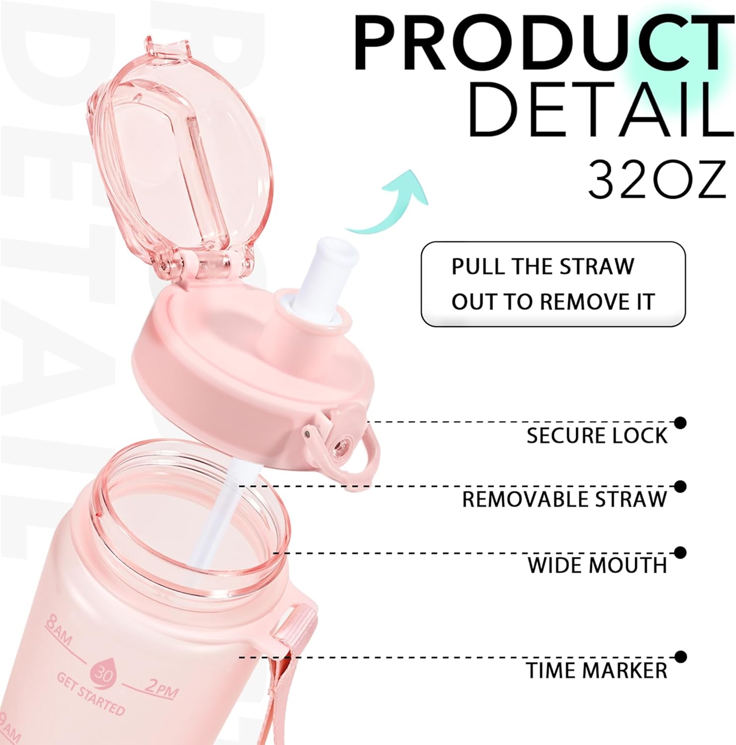 32oz Water Bottle with Time Marker, Motivational Drinking Bottle with Strap, BPA-Free Leak-Proof, Encouraging Water Bottle Time to Drink Water for Gym School Office Travel - Image 3