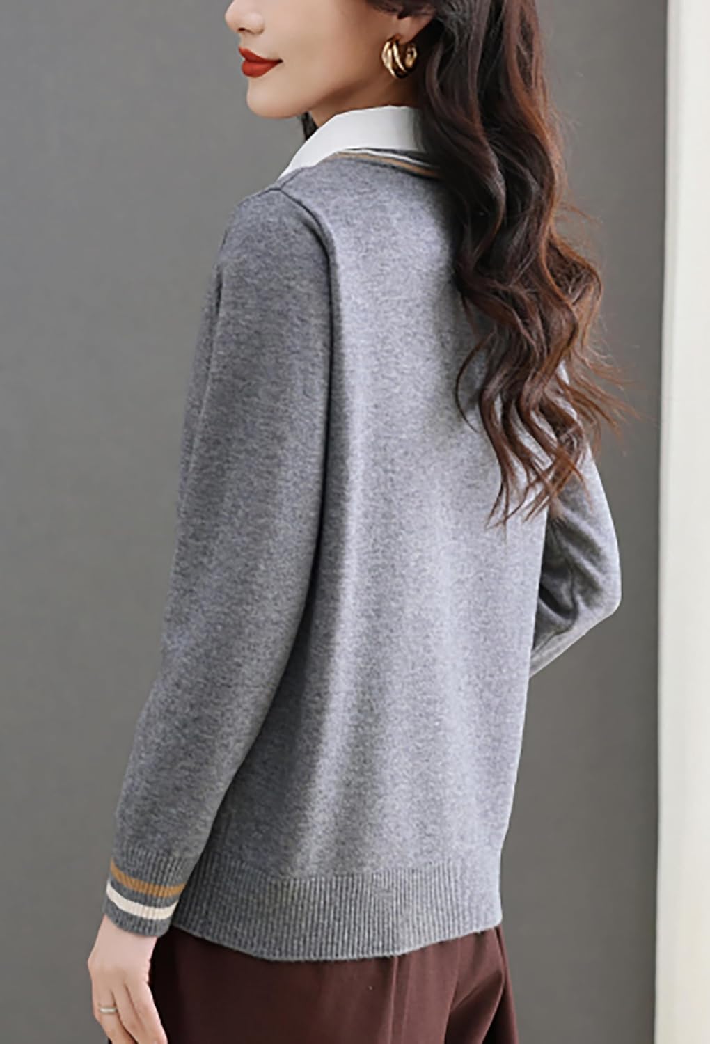 LAI MENG FIVE CATS Women's V-Neck Casual Collared 2 in 1 Pullover Top Long Sleeve Shirt Striped Contrast Blouse - Image 3