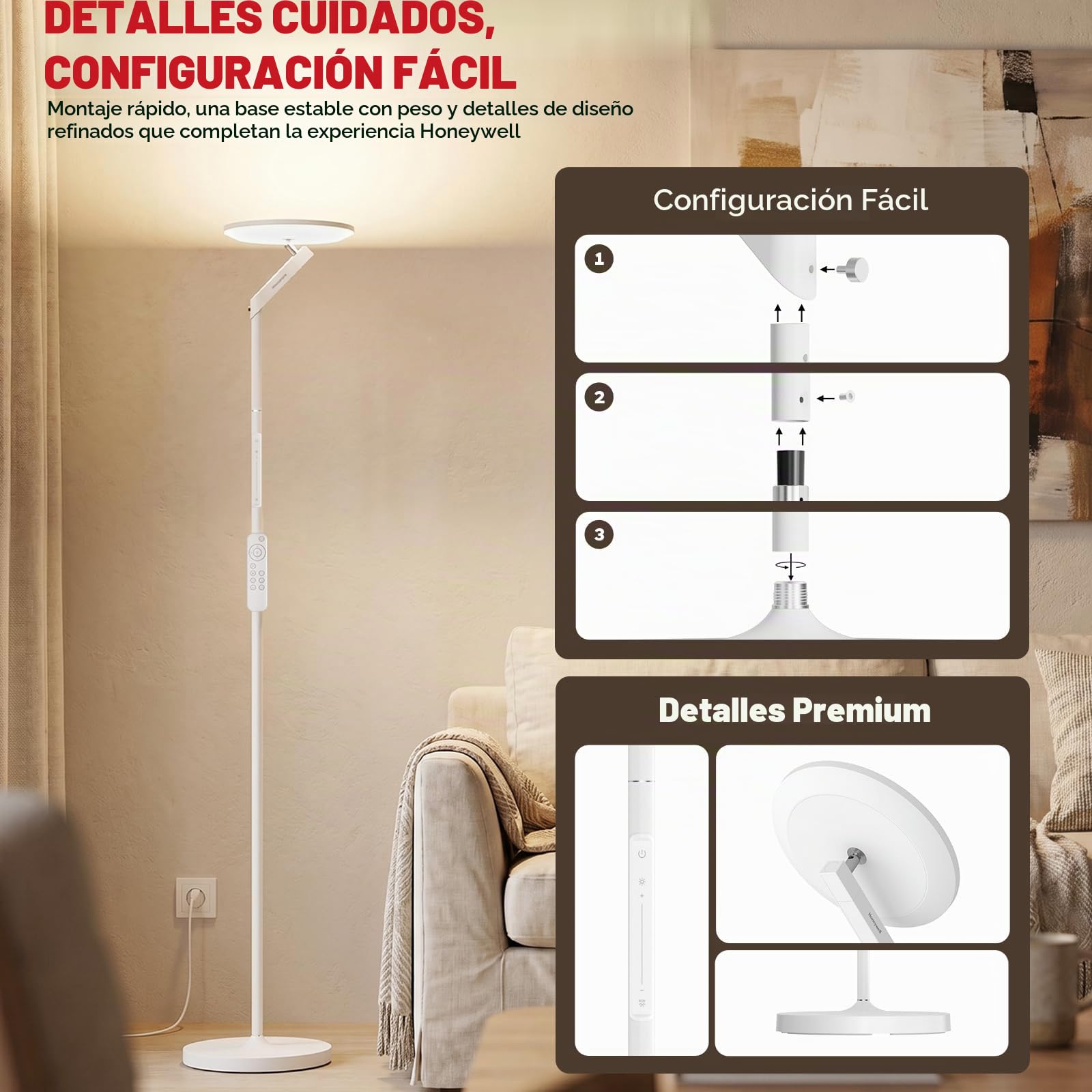 Honeywell Lámpara Pie LED Regulable, 3000LM,5 Modos, c/Remoto, 6RGB, Girat