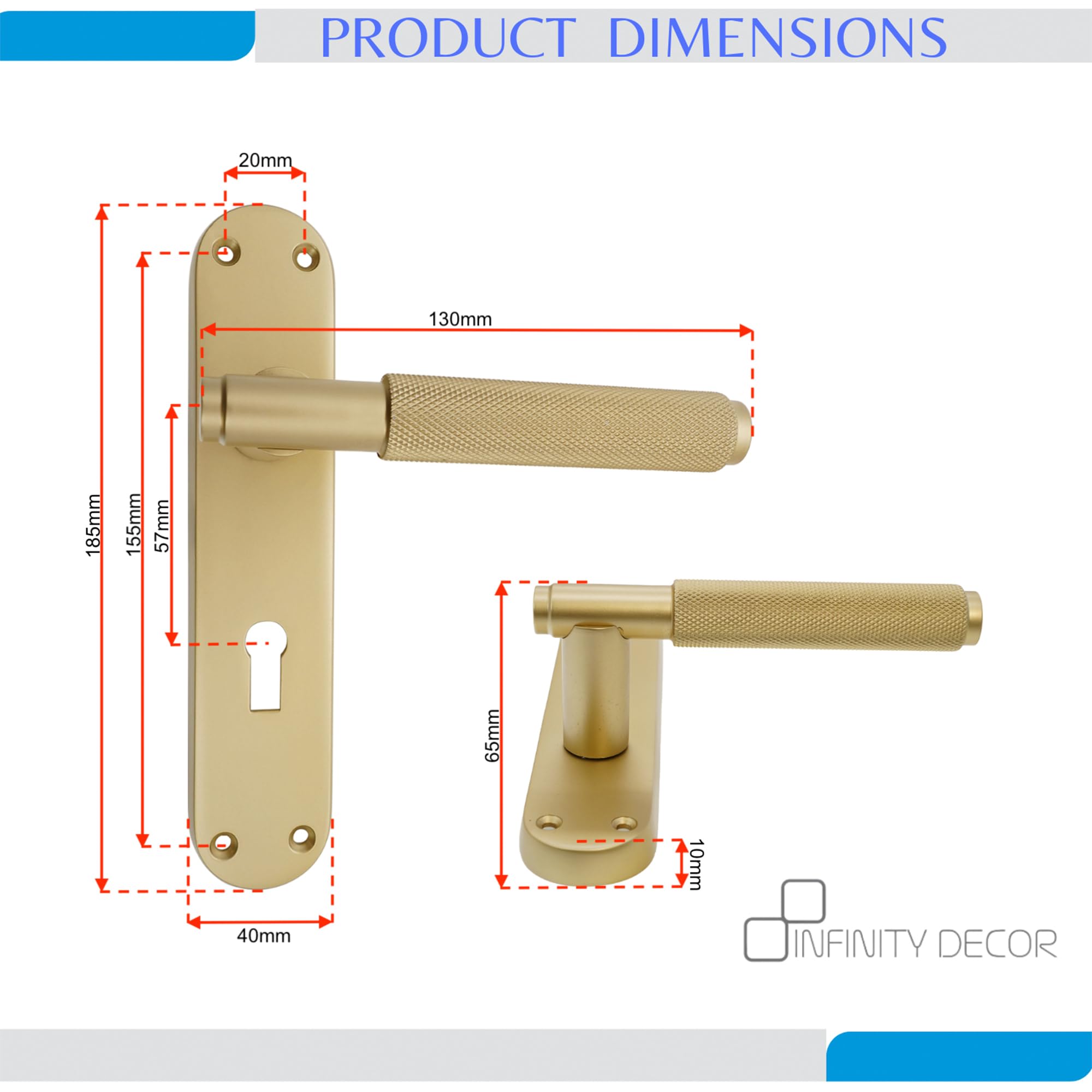 Infinity Decor Pair of Satin Brass Knurled Lever on Keyhole Backplate Lock Door Handles Set - Ideal for Interior & Exterior Doors - Image 3