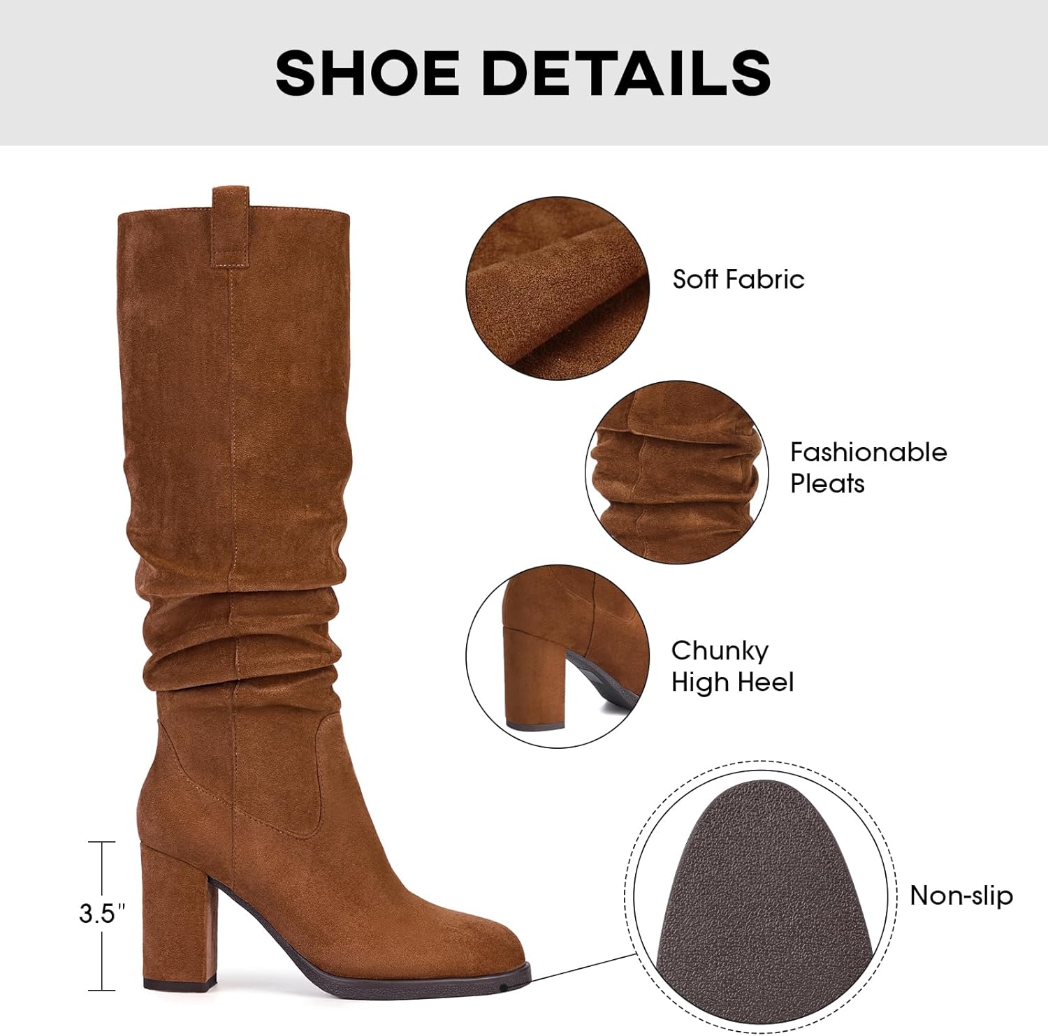 Suede Knee High Boots for Women - Tall Chunky High Heel Dress Boot with Side Zipper, Round Toe Ruched Slouch Block Long Boots for Ladies, Stylish Fall Boot for Work, Party & Everyday Wear - Image 4