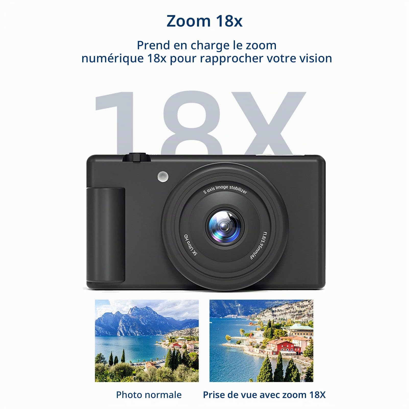 Appareil Photo Numérique 5K 30FPS 80MP avec WiFi, 18X Zoom Autofocus HD Caméra Vlogging avec Écran de 2,8 Pouces Rabattable à 180 Degrés, Gyroscope 5 Axes Anti Tremblement (Noir)