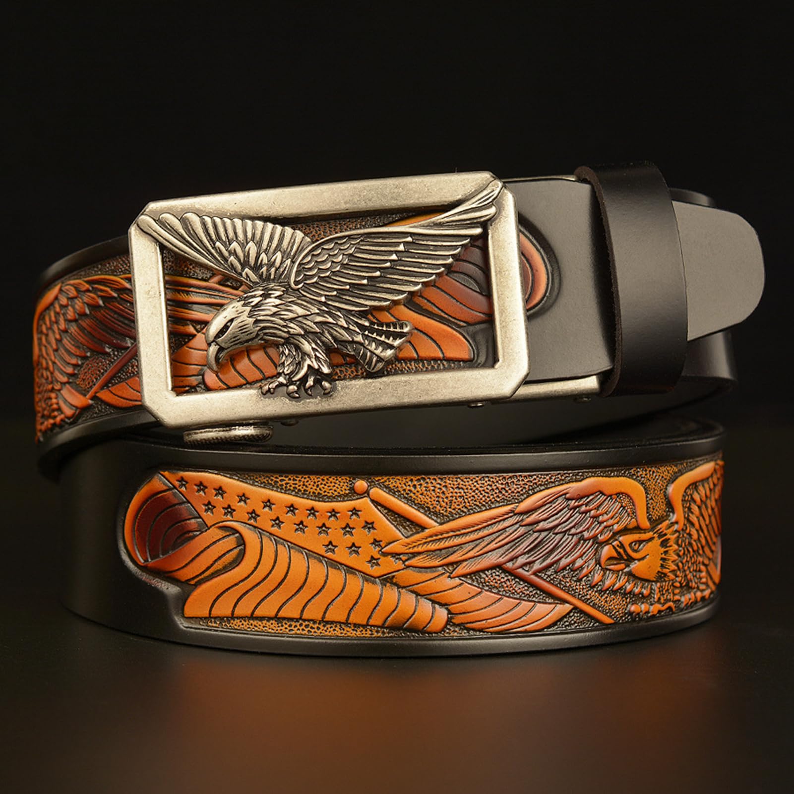 Cinturón De Vestir Con Trinquete For Hombre, Cuero Premium Estampado Águila, Cinturilla Deslizante Y Hebilla Automática Ajustable