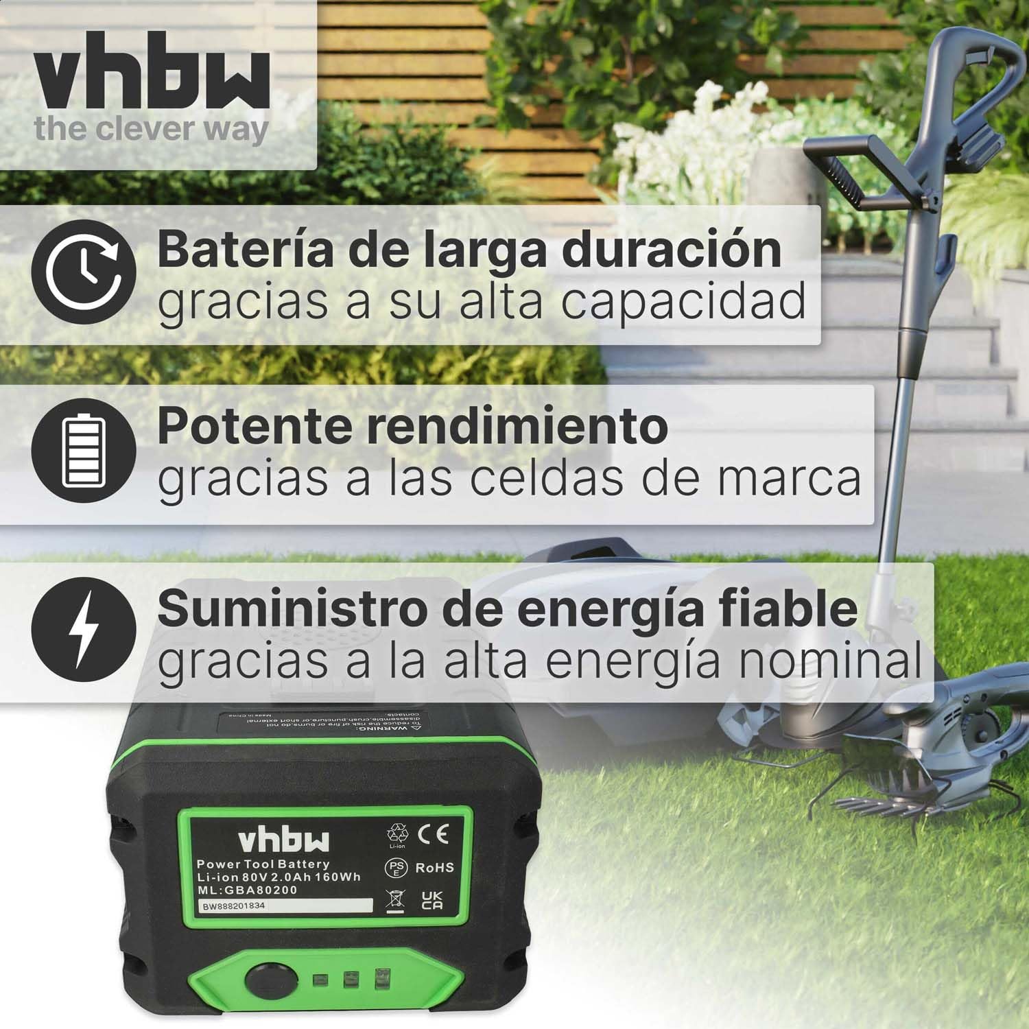 vhbw Batería reemplaza Greenworks GBA80500, GBA80400 para cortacésped Herramienta de jardín Tijeras cortacésped 2000mAh 80V Li-Ion
