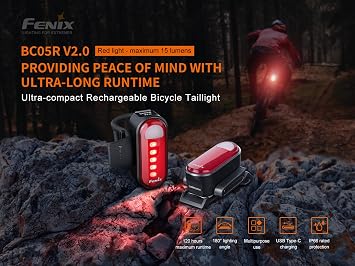 Fenix BC05R V2.0 15 Lümen Ultra Parlak Kompakt Bisiklet Arka Lambası, USB-C Şarj Edilebilir, Uzun Çalışma Süreli Hafif