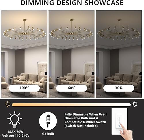 Miniatura 9 de Candelabro Sputnik extra grande de latón dorado para comedor, 24 luces, lámpara LED de mediados de siglo, moderna lámpara Sputnik de oro cepillado