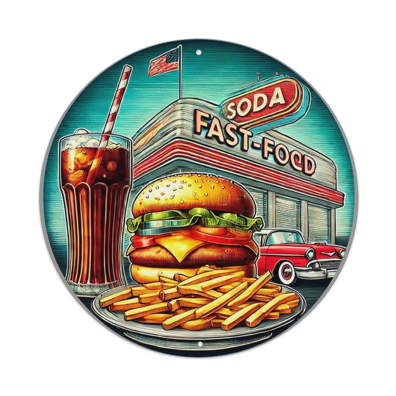 Retro Fast Food Diner Scene Vintage Metal Tin Sign Retro Wall Decor for Home Bar Garage Cafe, Indoor & Outdoor Decorative，circle Metal Poster, 8x8 Inch