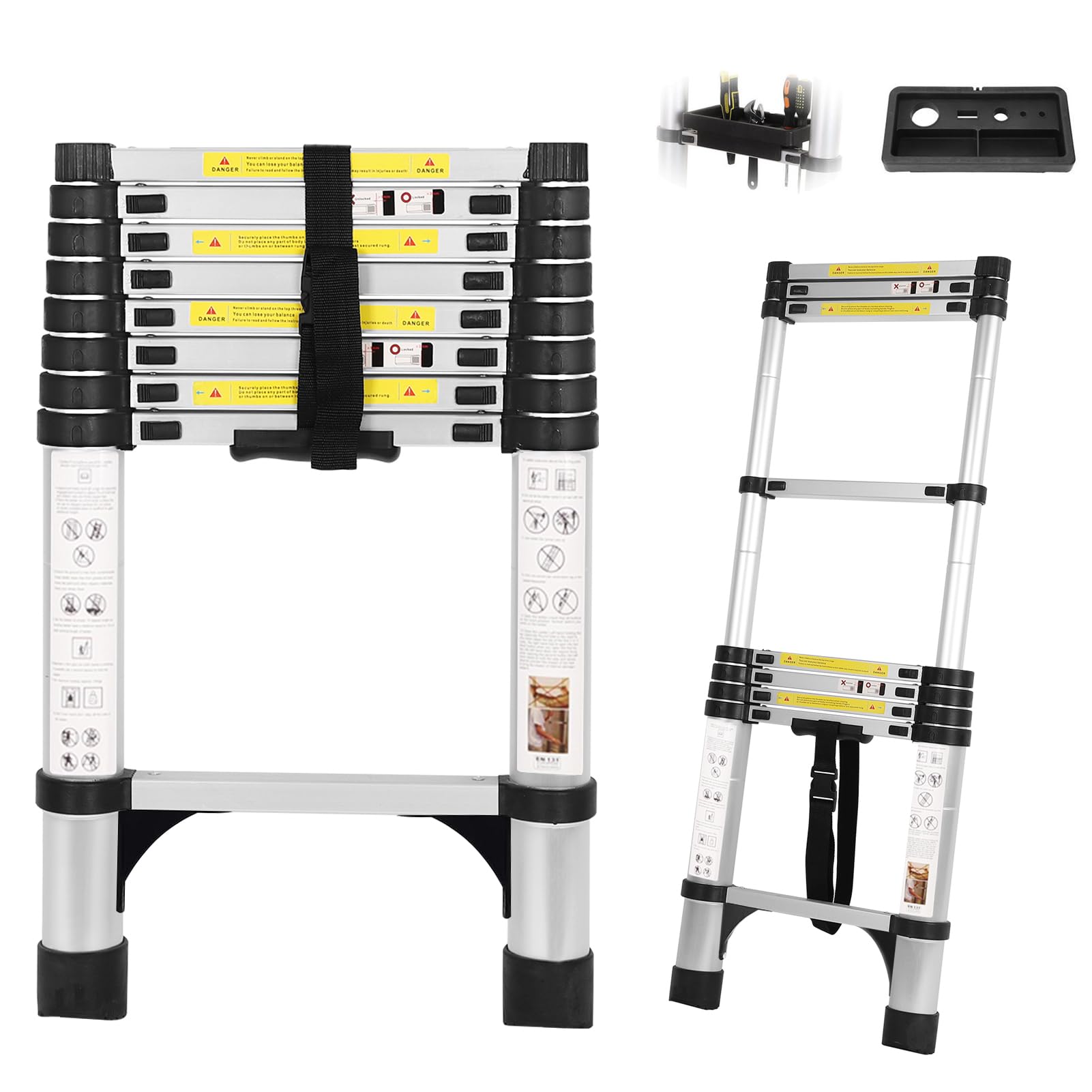 8.5FT Aluminum Telescoping Ladder with Tool Tray, Folding Extendable Ladder for Home, RV, Attic, Roof