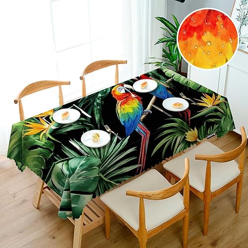 Miniatura 3 de Swono Mantel de loro de 52 x 70 pulgadas, diseño de guacamayo tropical, hojas de palmera de la selva, mantel de comedor de granja, antimanchas, para