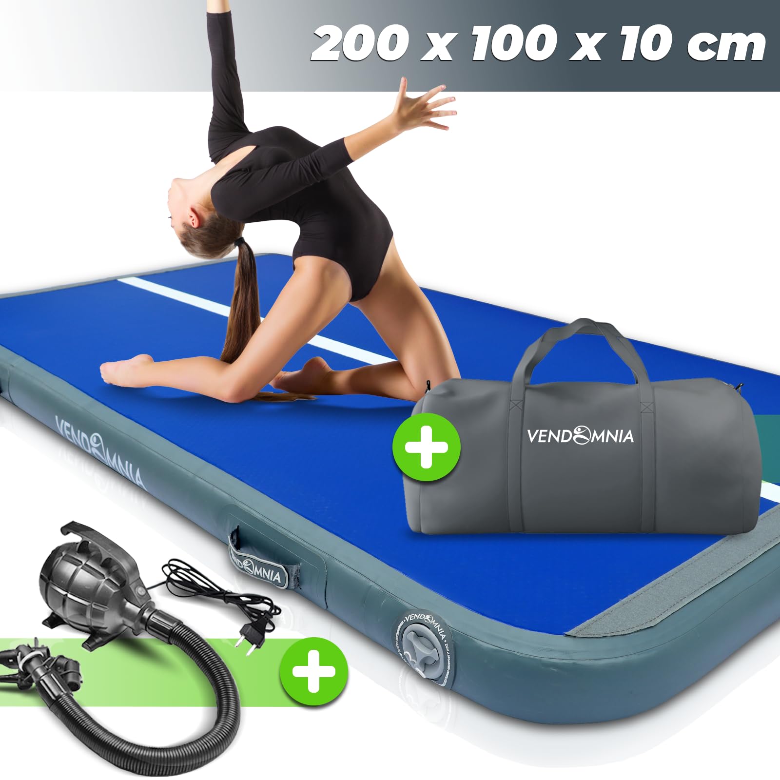 VENDOMNIA Airtrack Tapis de gymnastique, gonflable, 10/20 cm de haut, longueur : 1/2/3/4/5/6/7/8 m, avec pompe électrique et sac, tapis de tumbling, tapis d'entraînement, tapis de fitness, tapis de