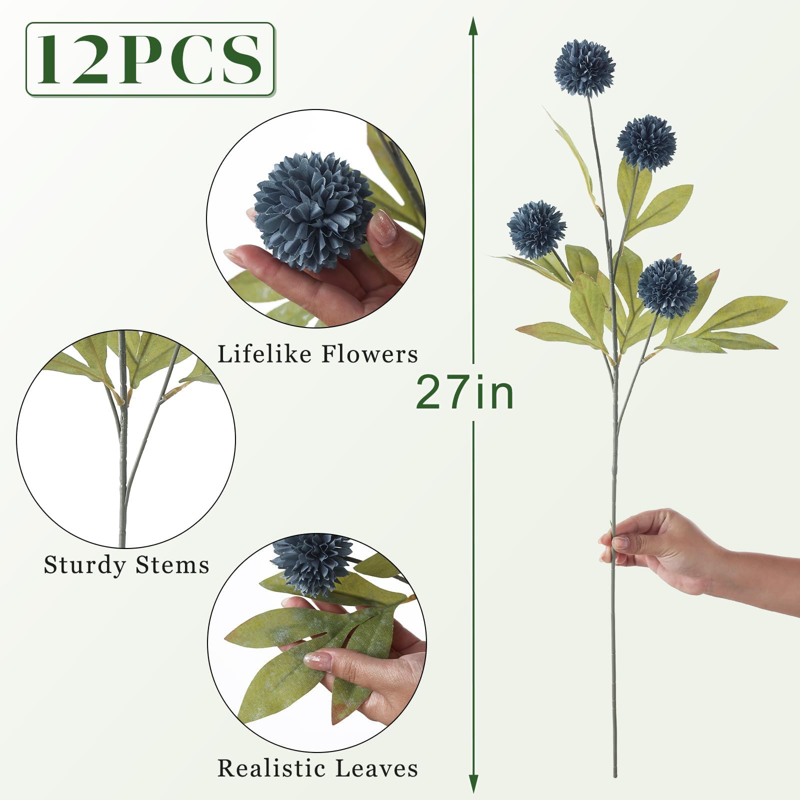 12 fiori artificiali per vaso in finta seta, 68 cm, per mamma (blu scuro)