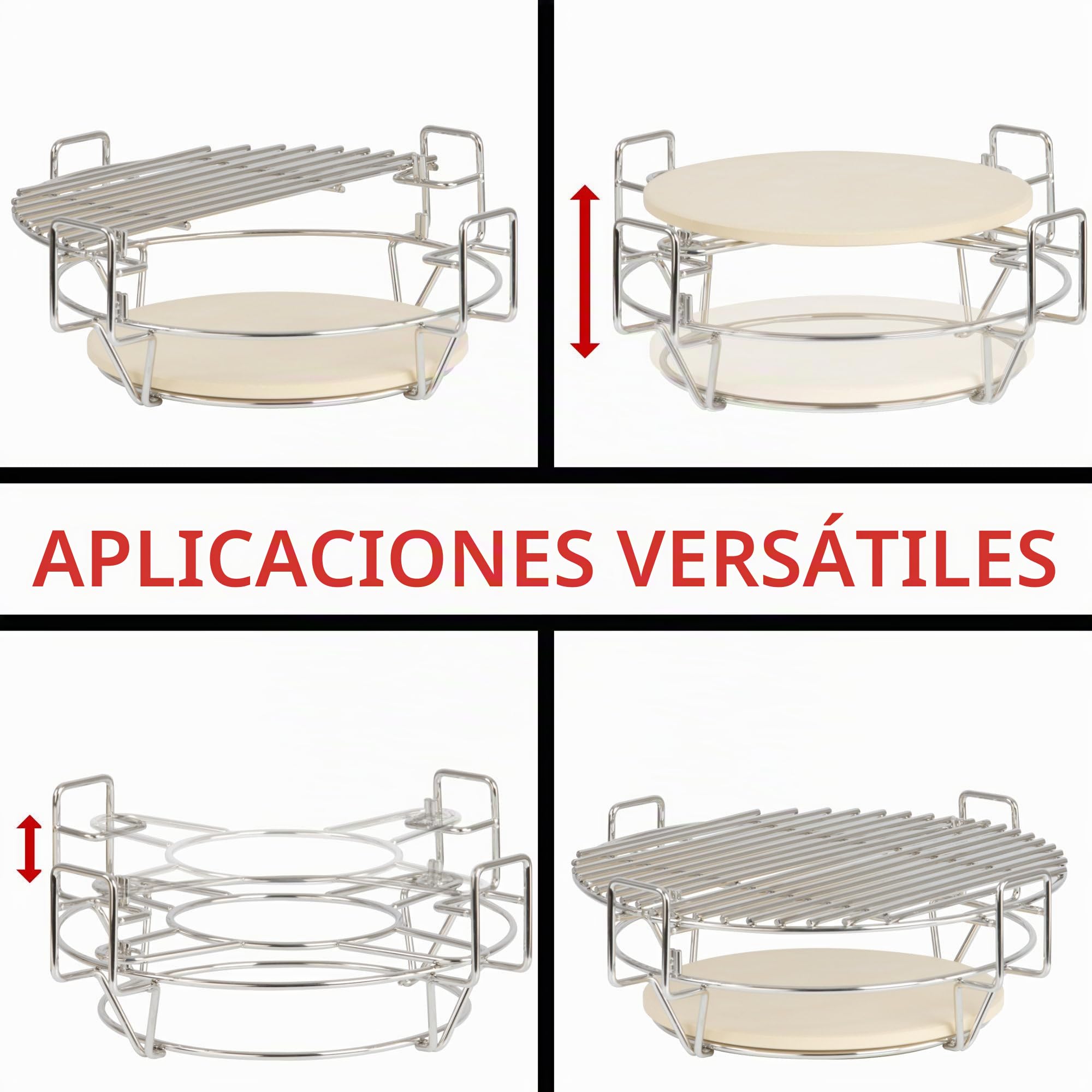 BBQ-TORO Sistema de Cocción Flexible para Kamado Ø 39 cm | Accesorio para Barbacoa Kamado | Parrilla de Acero Inoxidable 3 Niveles con Rejilla y Piedra para Pizza | Accesorios Barbacoa de Cerámica