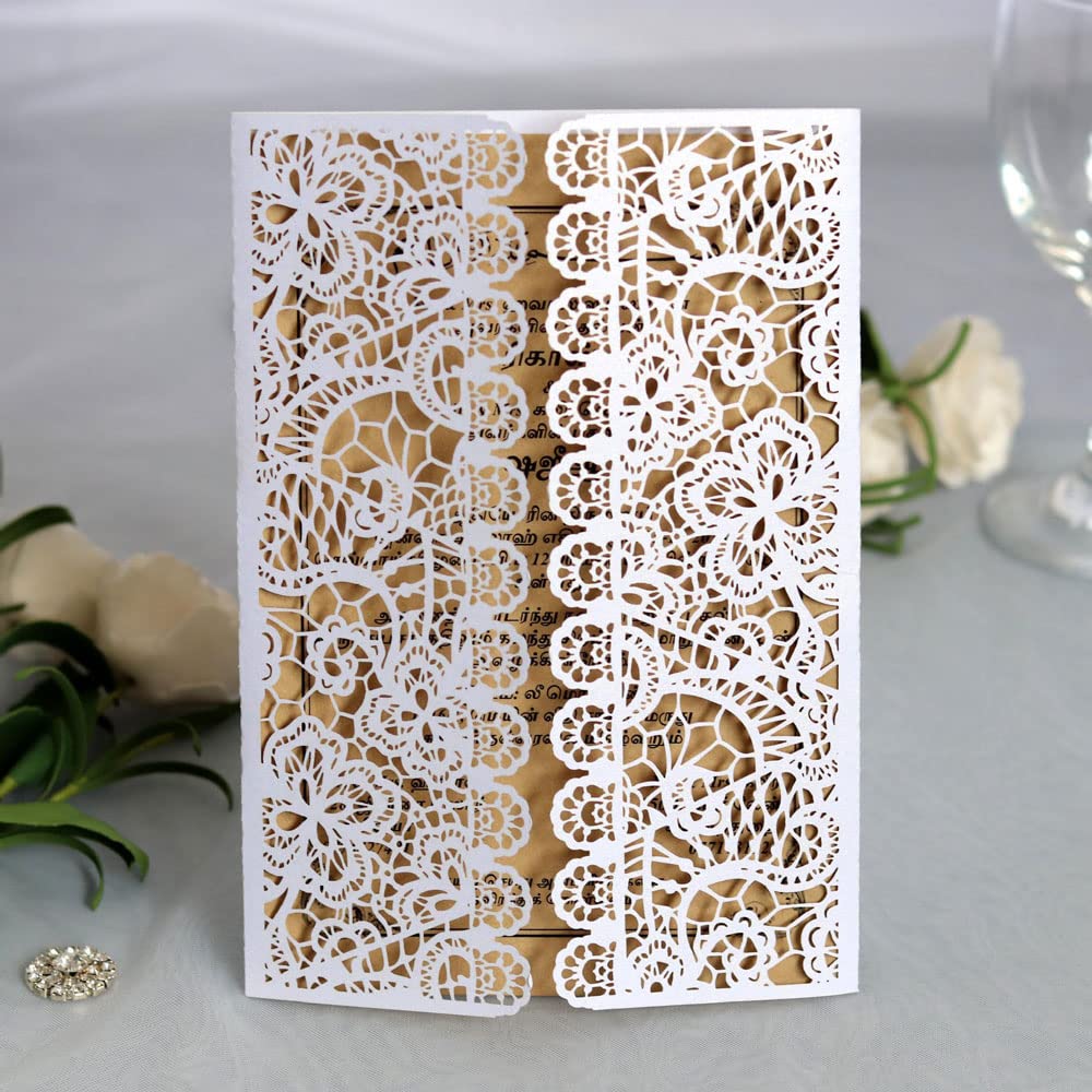 Invitations de mariage chic pochette blanche laser et enveloppe kraft pour anniversaire