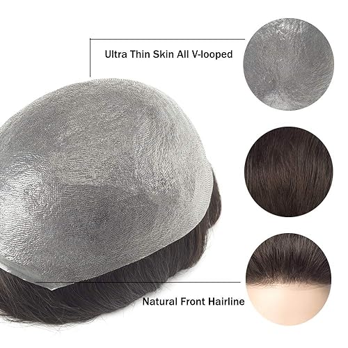 Miniatura 4 de Lordhair Toupee para hombres con cabello humano 100% europeo 8x10 pulgadas para hombres 0.001 in sistema de cabello de piel ultra fina para hombre