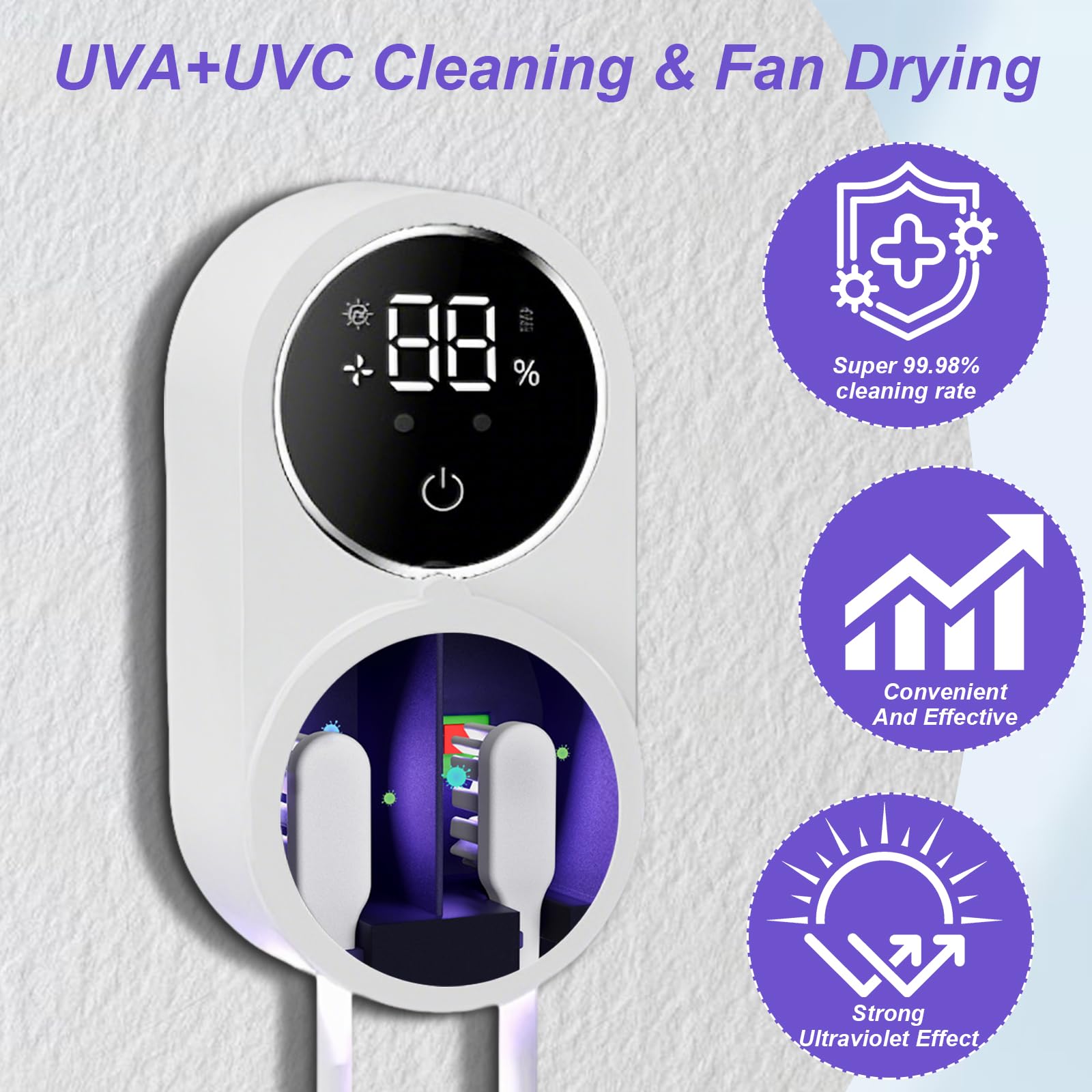 Porte-Brosses à Dents Stérilisateur UV avec Capteur Automatique, Affichage LED, Désinfection 99,9% & Séchage à l'Air, Rechargeable Murale pour 2 Brosses à Dents
