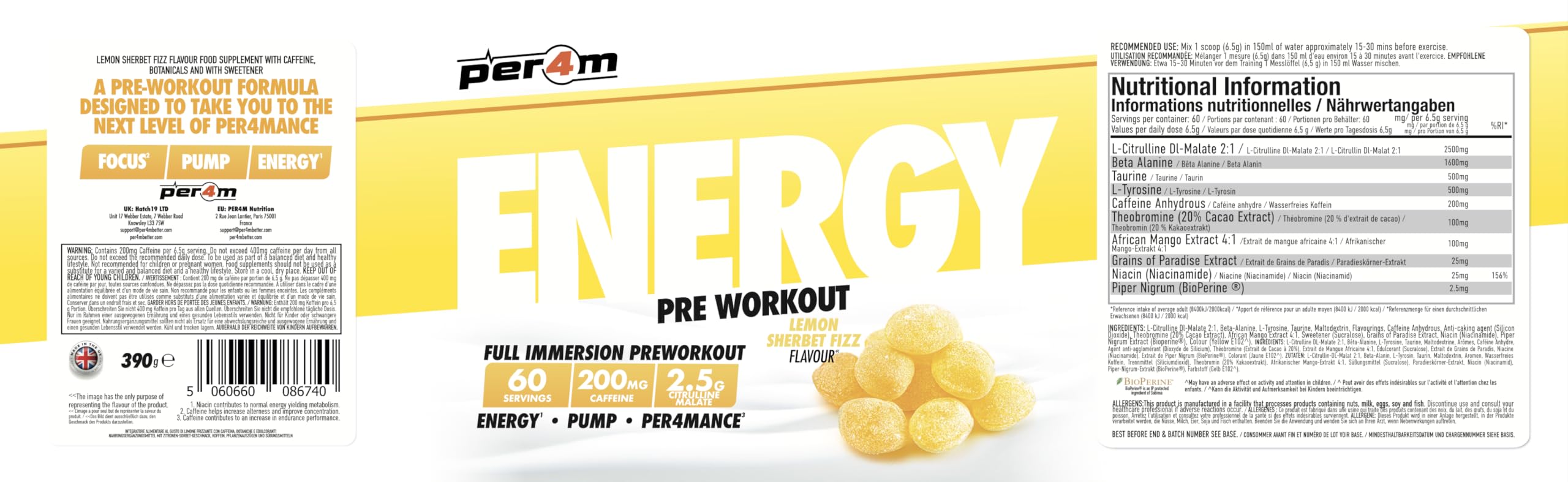 Per4m Energy Pre-Workout (60 Servings) Fizz au citron et au sherbet
