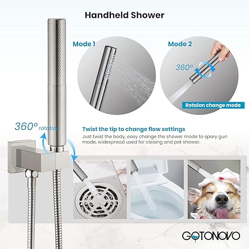 Miniatura 5 de gotonovo Juego de grifo de ducha de níquel cepillado para montaje en pared, cabezal de ducha cuadrado de 12 pulgadas, sistema de ducha de lluvia