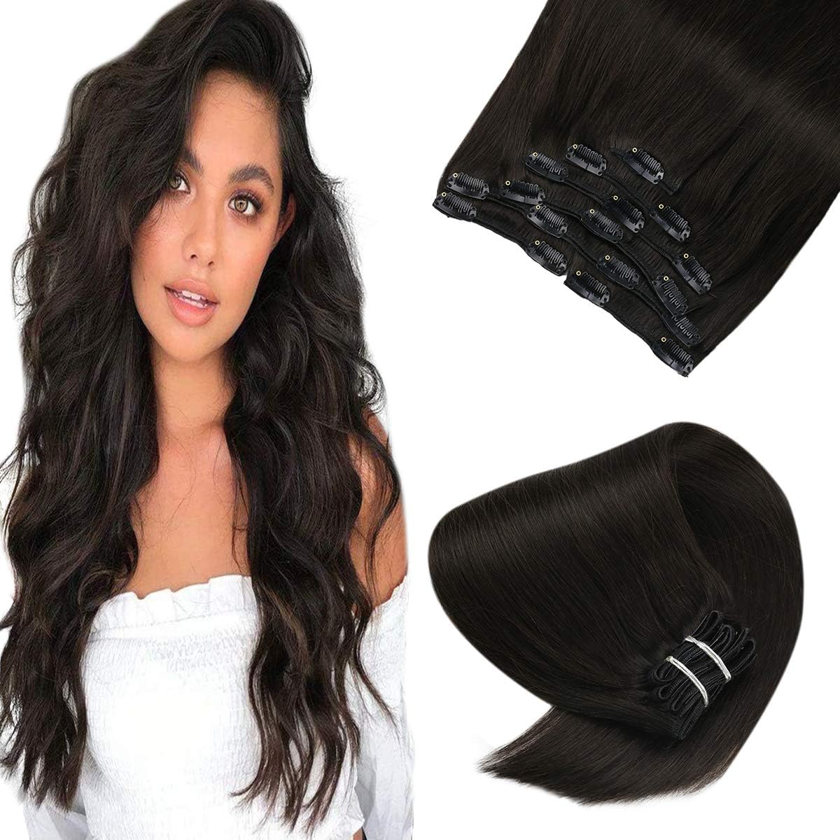 Sunny Hair Clip in Hair Extensions Straight Human Hair Clip in Extensions Remy Clip in Hair Extensions Real Human Hair Extensions Clip ins Dark Brown Hair Extensions 24inchCarbonfree Certified
