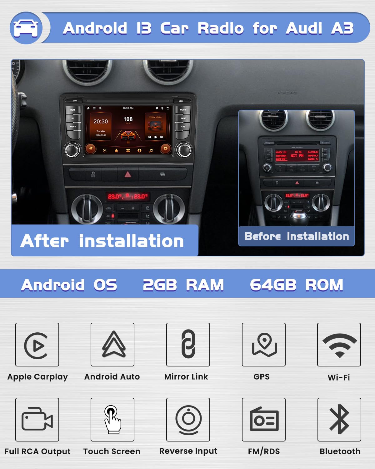2+64G Android 13 Autoradio 1 Din con Wireless Carplay Android Auto 6,86 pollici 1280 * 480P IPS Schermo con Bluetooth FM/RDS EQ WLAN GPS SWC