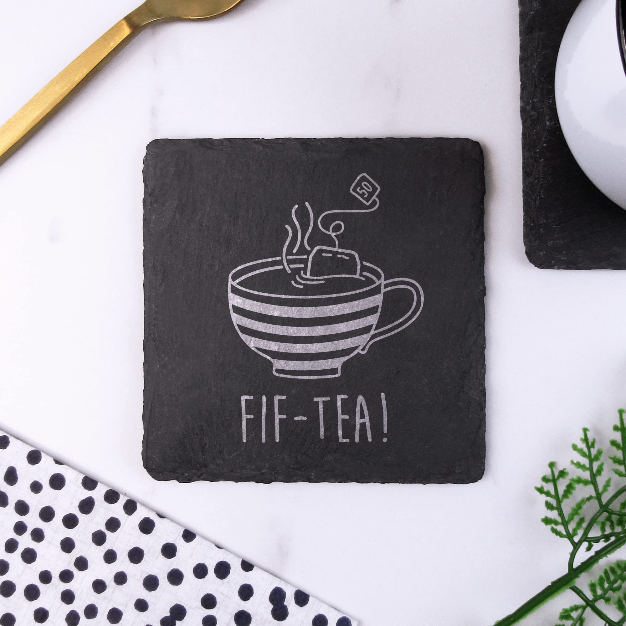 Engraved Square Slate Coaster -"FIF-TEA" Design - 50th Milestone Birthday Gifts for Men, Him - Fiftieth Gift for Friend, Brother, Son, Dad, Husband - Drinks Mat