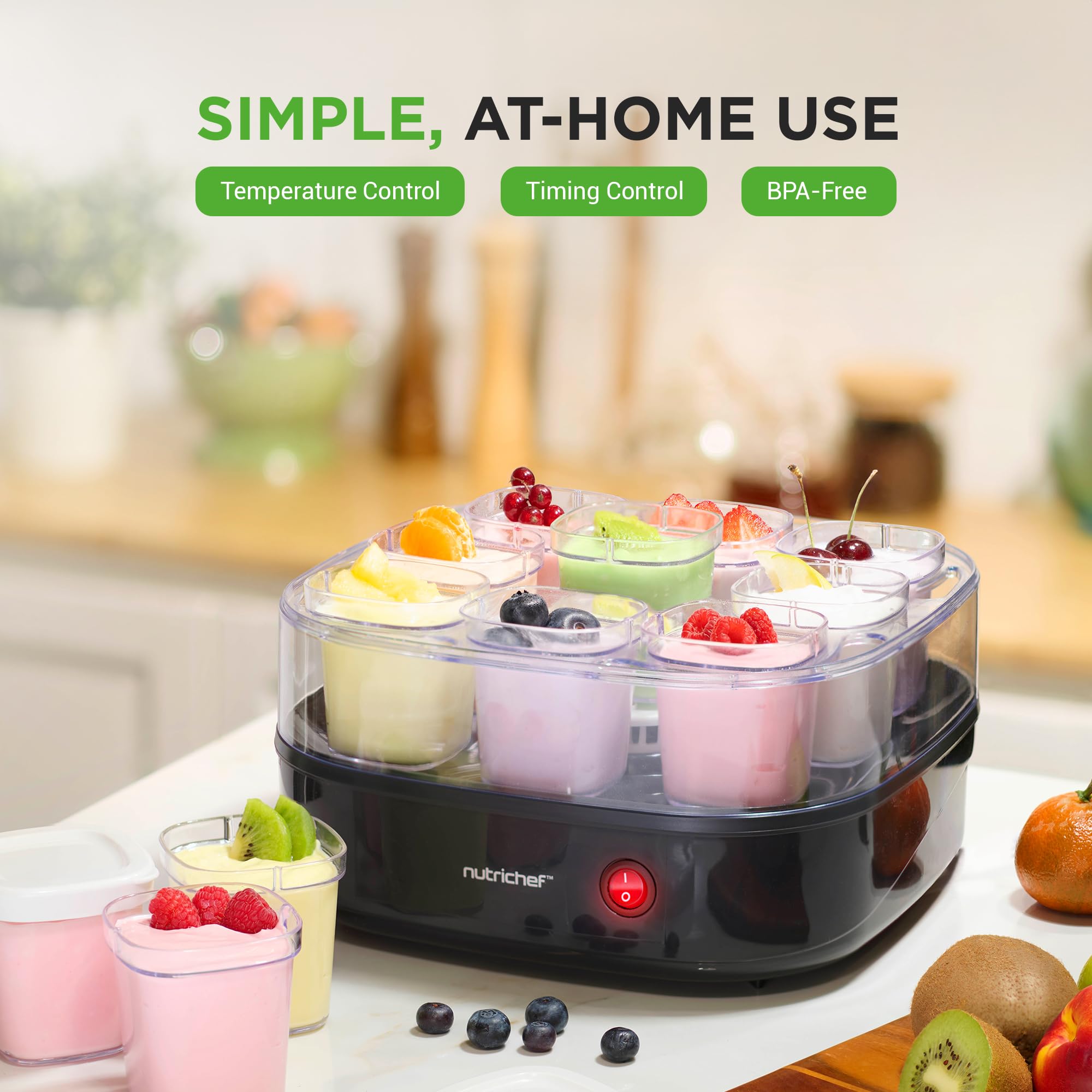 Nutrichef Máquina automática de Yogurt – Incluye 9 Tazas Reutilizables de 5 onzas con Tapas para Almacenamiento instantáneo, Negro