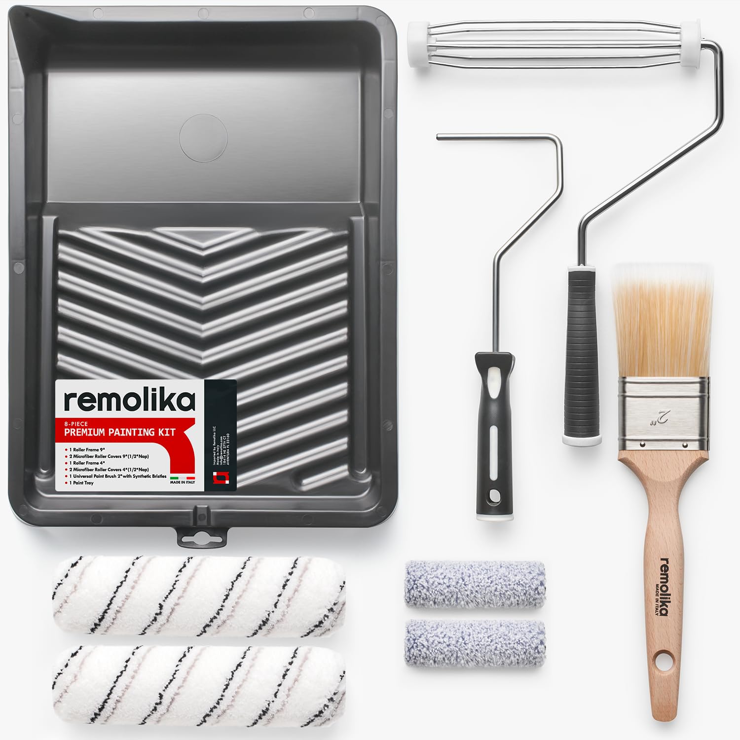 8-teiliges Farbroller-Set – Made in Italy – Premium-Pinsel, Mikrofaser-Rollerabdeckungen, Wandmalerroller, Rollrahmen und Farbwanne, für Profis oder Hausbesitzer