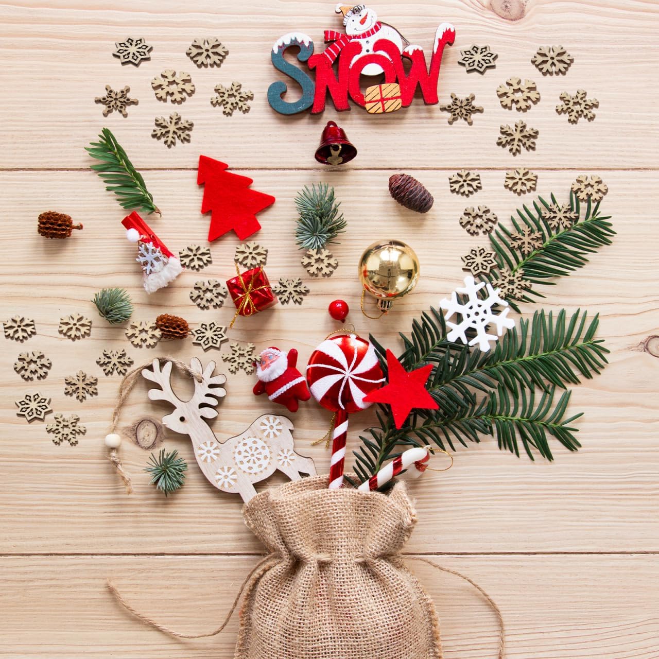 Tofficu 50pcs Assorted Pattern Wooden Pieces: Wood Christmas Ornaments for Crafts, Snowflakes for Crafts, Christmas Snowflake Cutouts Craft, Decorative Accessories Manual Ornament for DIY Art