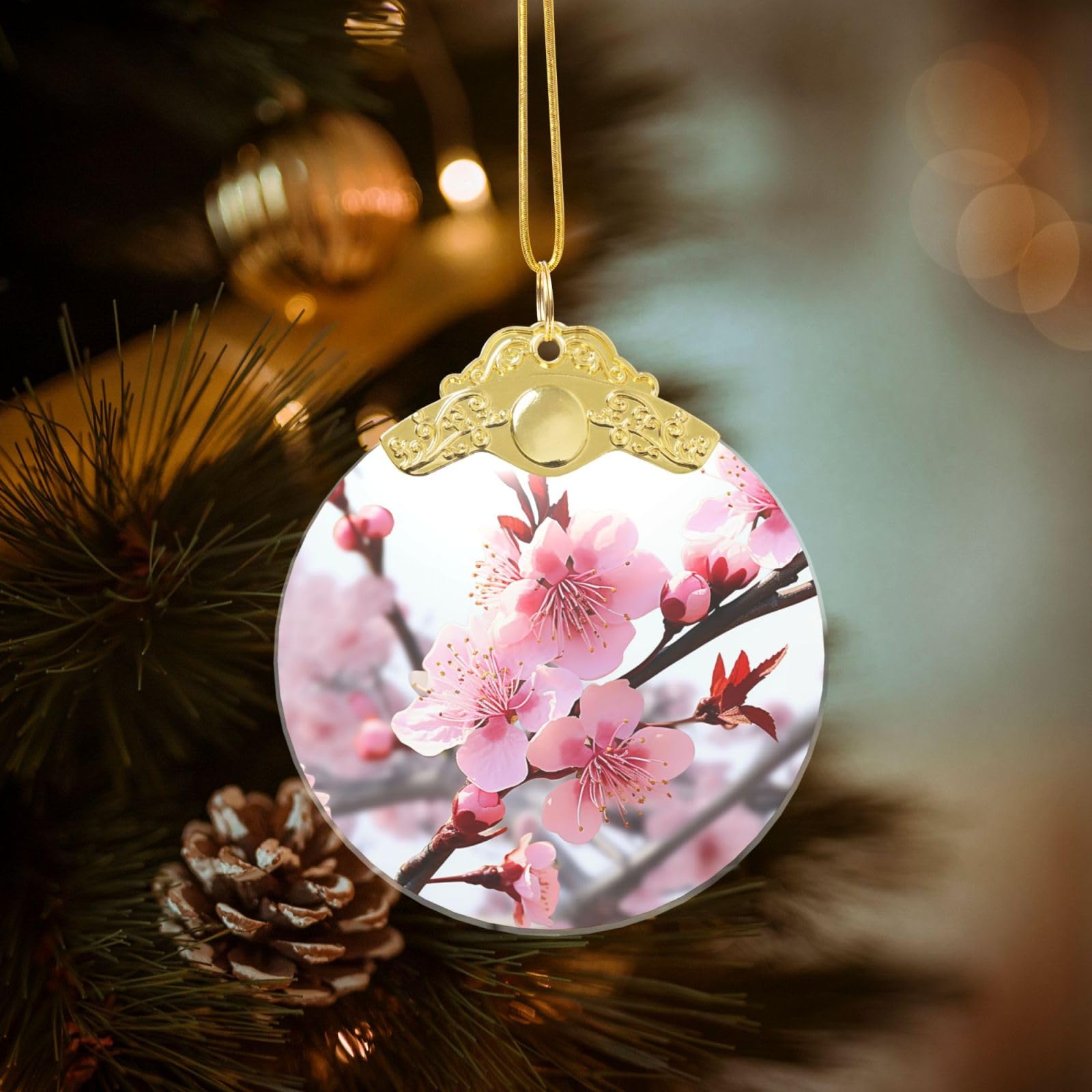 Crystal Christmas Ornaments for Christmas Tree Decoration Hanging Plum Blossom Ornament with Gold Ribbon Crafts Round Pendant for Keepsake Gifts Glass Xmas Decor Party Supplies