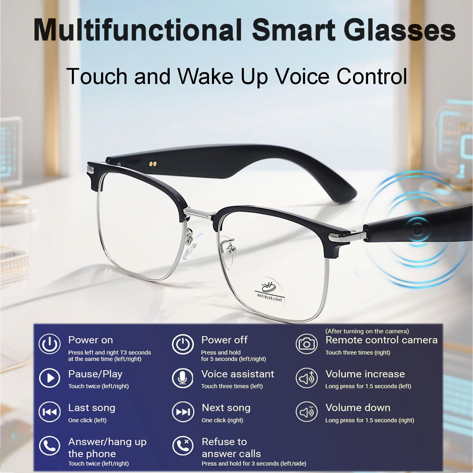 Lunettes de traduction intelligentes avec AI, lunettes Bluetooth pour homme, audio HD, traducteur en temps réel, assistant vocal, musique/appels mains libres (noir)