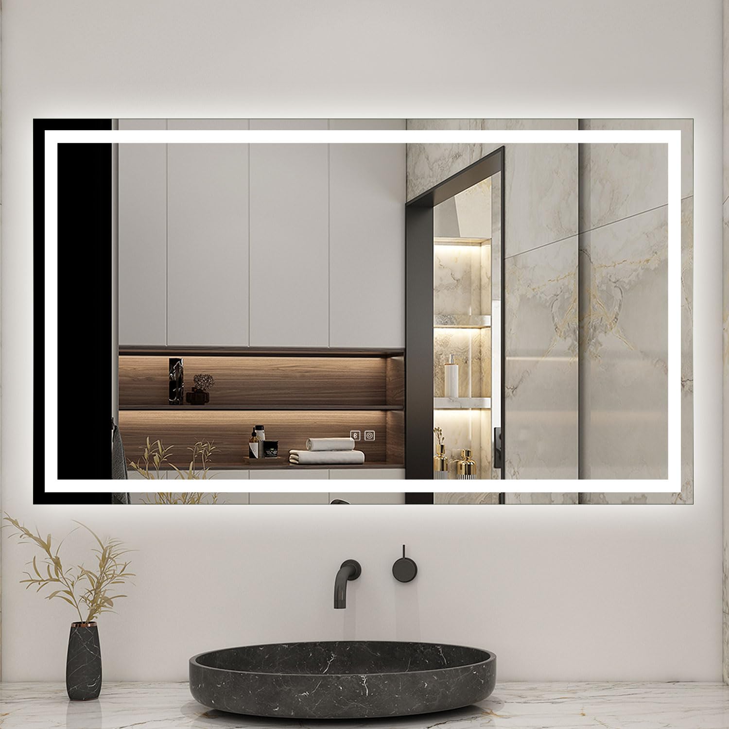 Biubiubath 1000x600mm Bluetooth Bathroom LED Mirror with Shaver Socket and 2 USB Ports Dimmable 3 Colour with Demister Pad Touch Sensor Wall Switch Control Lights Vertical Horizontal
