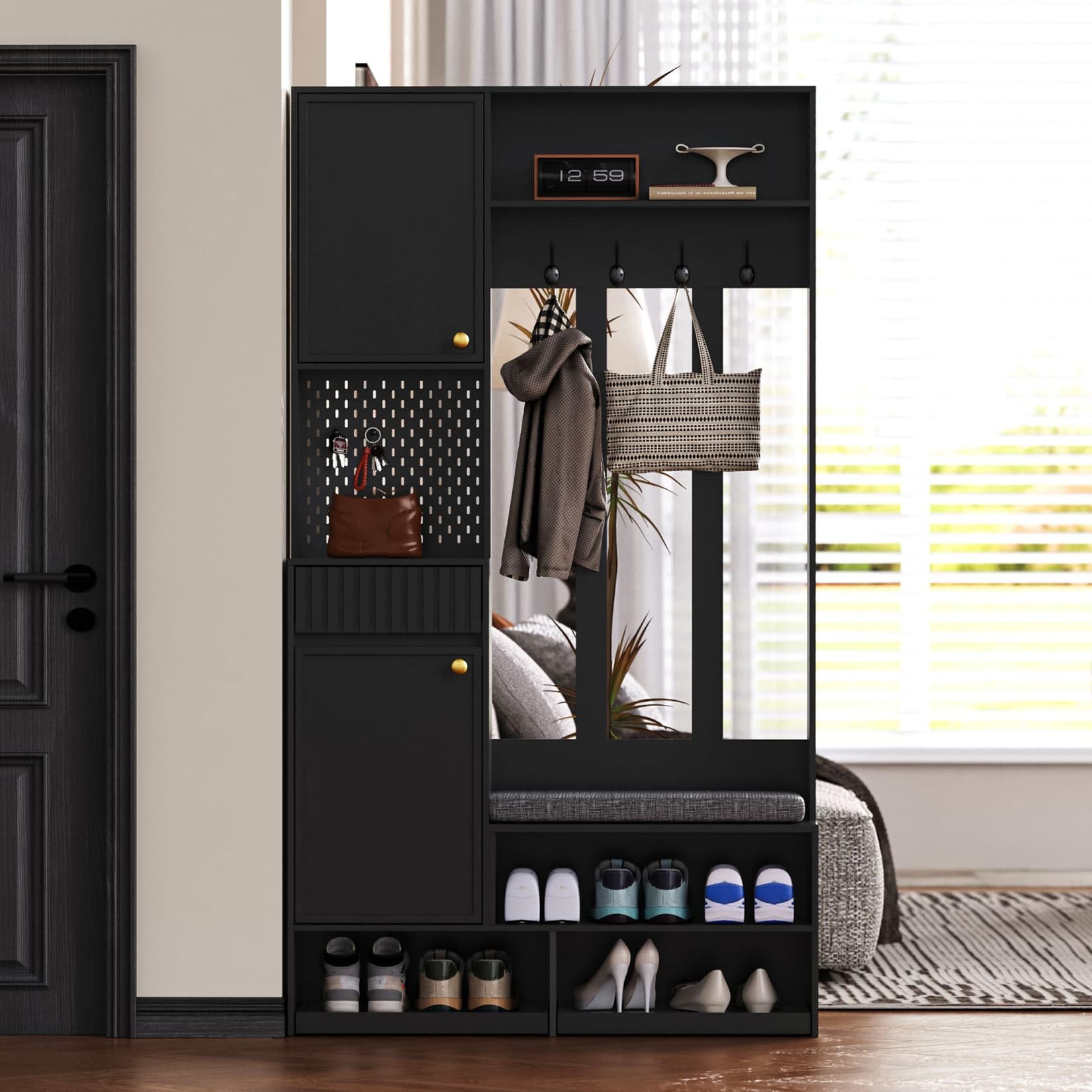 PUGSDRLY Meuble D'entrée,Porte Manteau avec Banc et Rangement Chaussure,4 Crochets,Étagère Ouverte,Armoire,Tiroirs,Vestiaire D'entrée pour CouloirChambre(D-Noir)