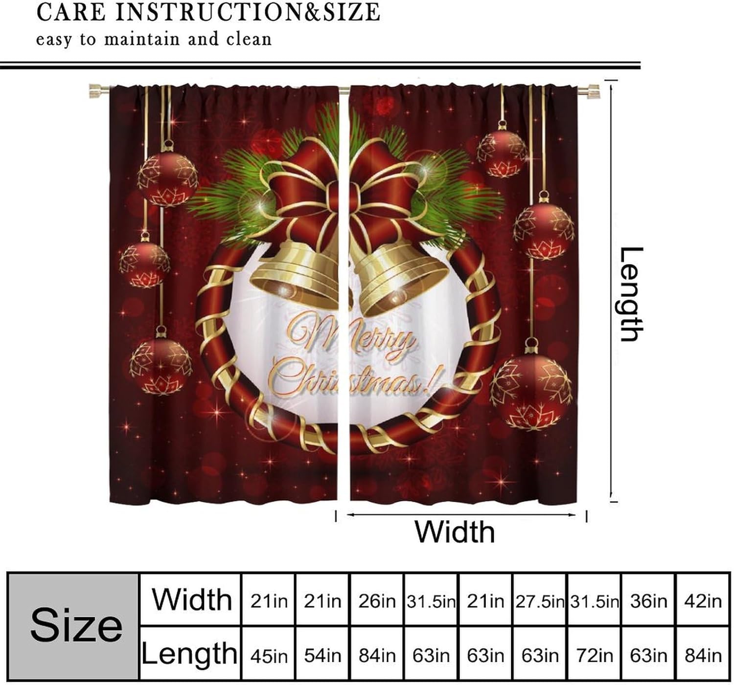 Christmas Small Bell Blackout Curtains, Vivid Fir Twigs Magenta Red Balls Celebrating Festivals in The West Bow Window Treatments for Kitchen Living Room Bedroom Drapes 63x63 Inch