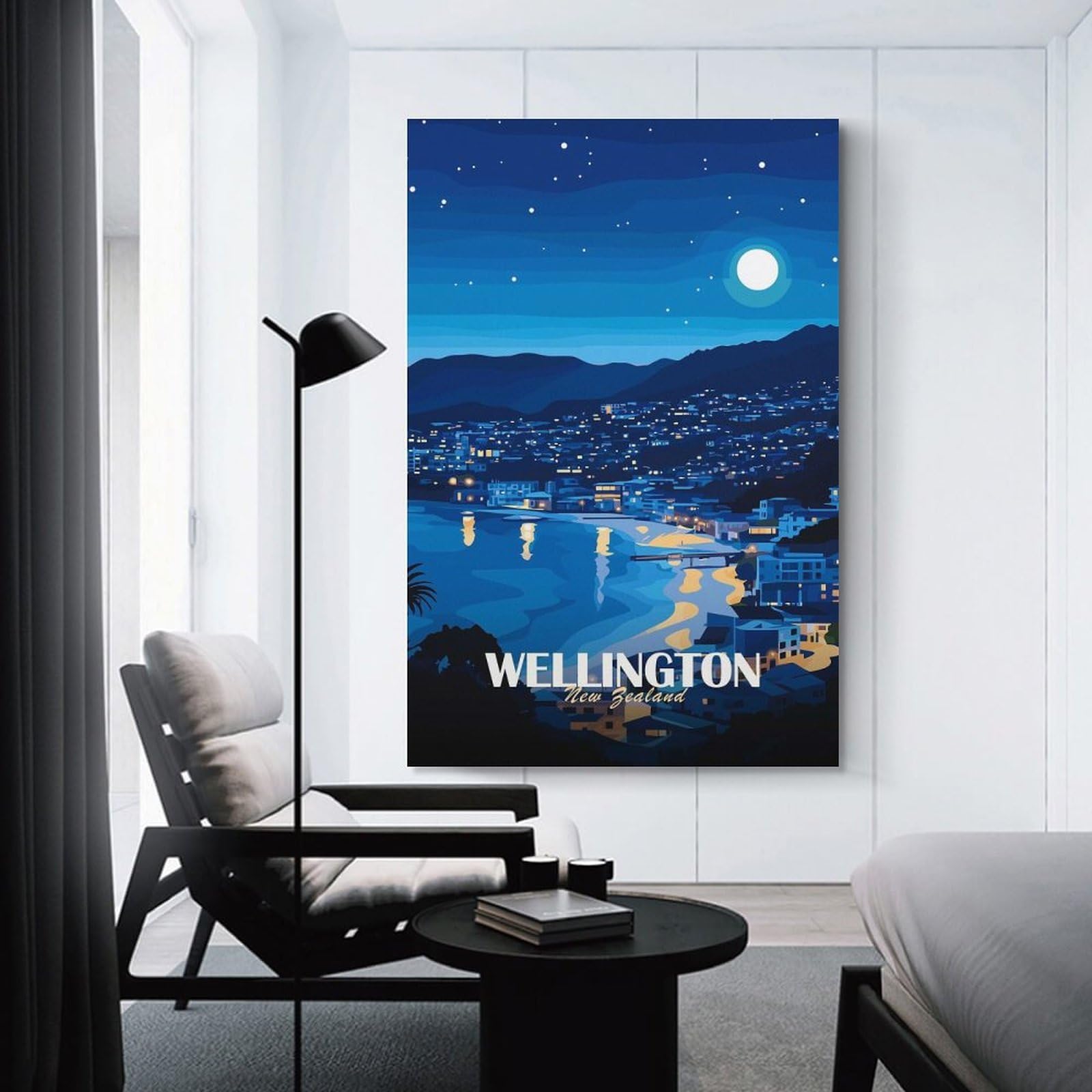 Junmoney Wellington New Zealand Night Cityscape Room Decor Wall Art, 20x30inch(50x75cm), for Feature Walls in Flats Or Modern Rooms, A Versatile Canvas Print for Layering