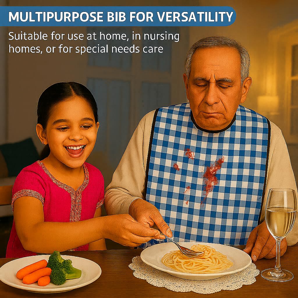 MAKSTILE Adult Bib| Extra-Long Adult Dining Bib for Elderly–2-Layer Absorbent Cotton & Waterproof Backing, Washable Reusable Clothing Protector for Senior Citizens, Disabled & Bedridden - Blue - Image 4 thumbnail