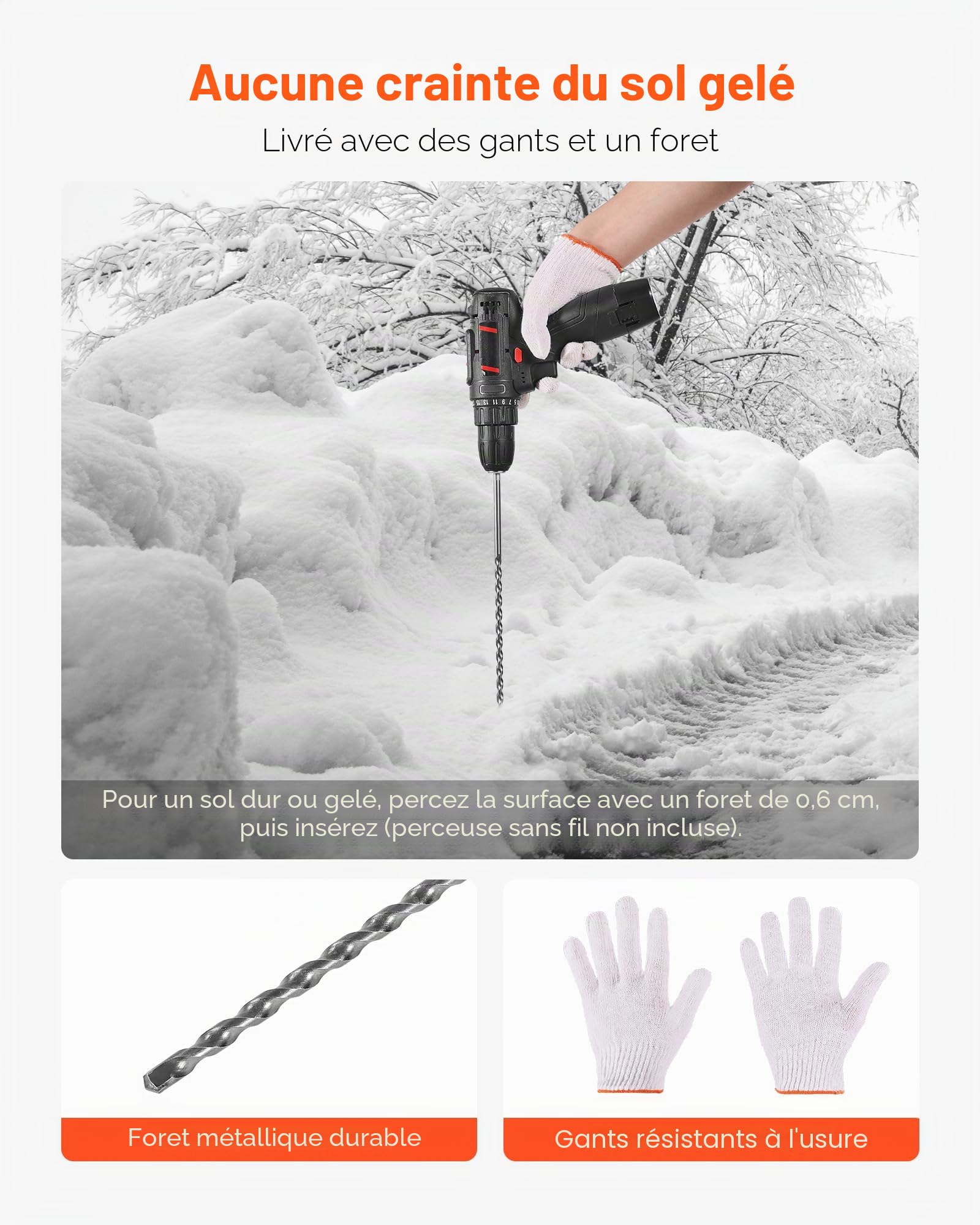VEVOR Marqueurs d'Allée Lot de 200 Piquets à Neige 8 x 1220 mm Fibre de Verre Réflecteurs Grande Visibilité Bande Réfléchissante, avec Foret en Acier 30 cm, Gants de Protection, pour Parkings, Allées