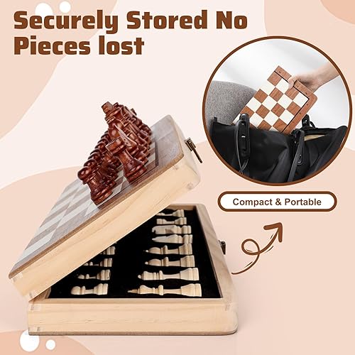 Miniatura 5 de Juego de ajedrez de madera, tablero de ajedrez magnético de 11.5 pulgadas, diseño plegable con almacenamiento de ajedrez de viaje para niños,