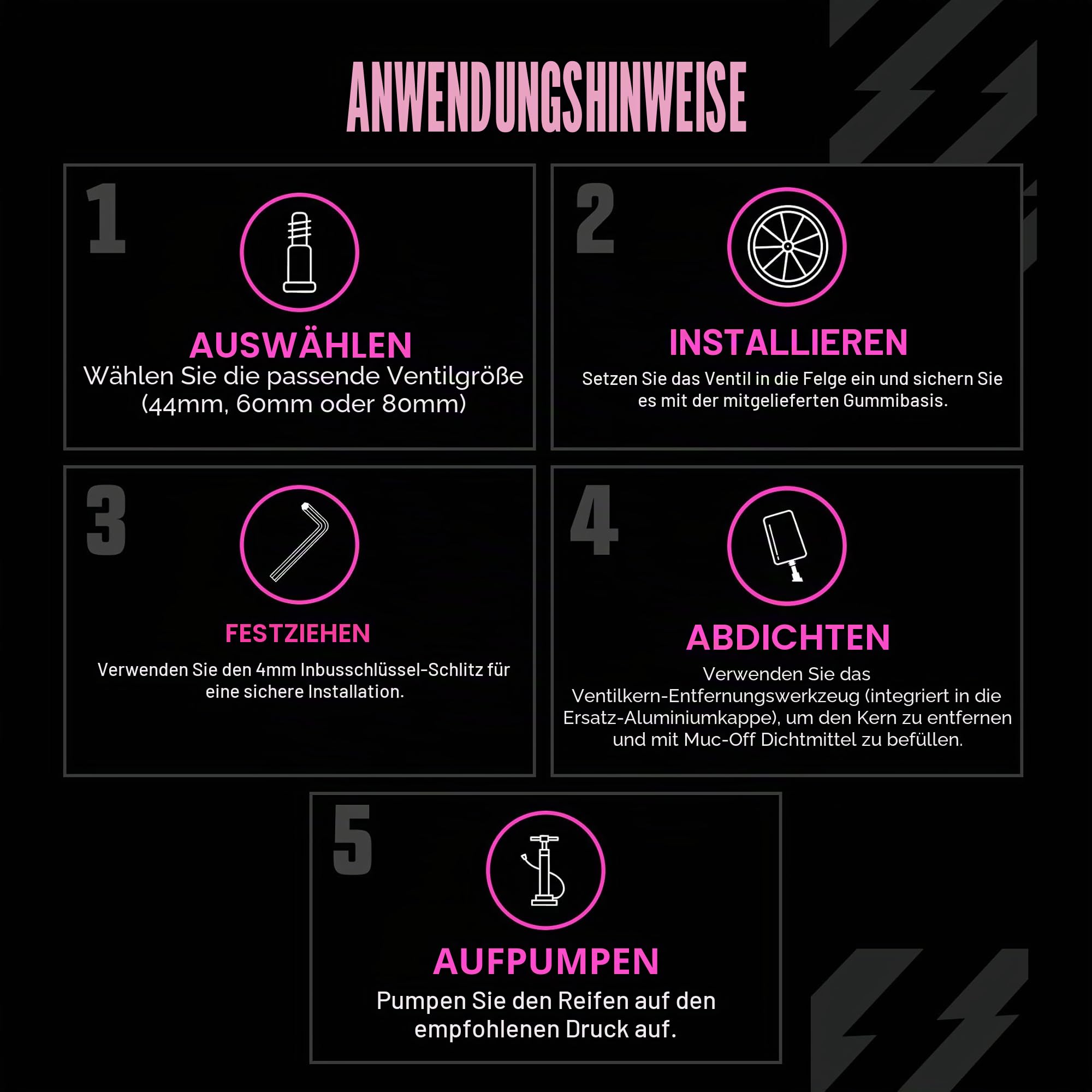 Muc-Off Schwarze Presta Tubeless Ventile, 44 mm - Hochwertige Anti-Leck Fahrradventile mit integriertem Werkzeug zum Entfernen des Ventilkerns