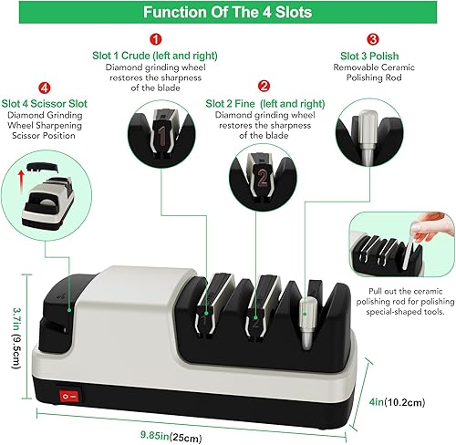 Miniatura 5 de Afilador de cuchillos eléctrico 4 en 1 para cuchillos de hoja recta, cuchillos dentados, cuchillos de cerámica y tijeras, color plateado