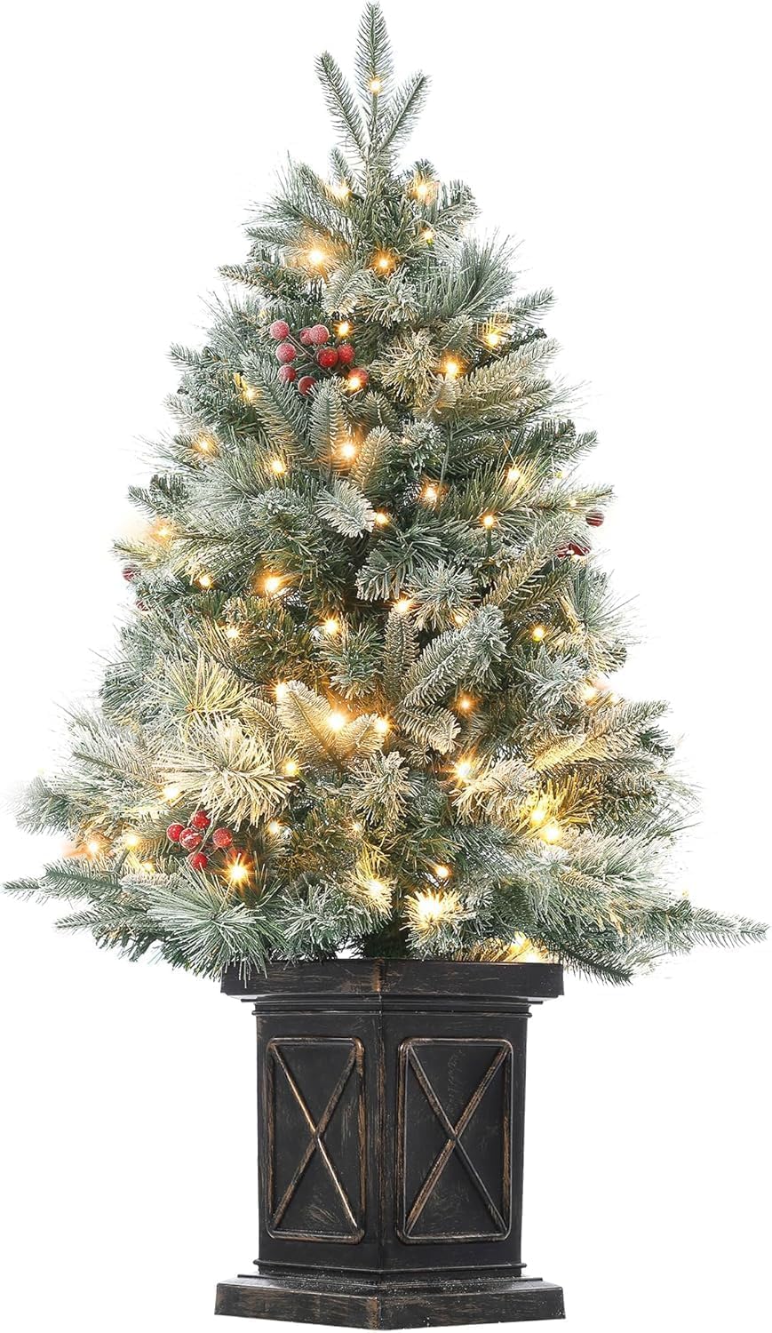 Choinka 91 cm, 78 ciepłych białych diod LED, choinki flokowane śniegiem z brązową podstawą X, funkcja timera, zasilanie bateryjne, do dekoracji świątecznych w domu