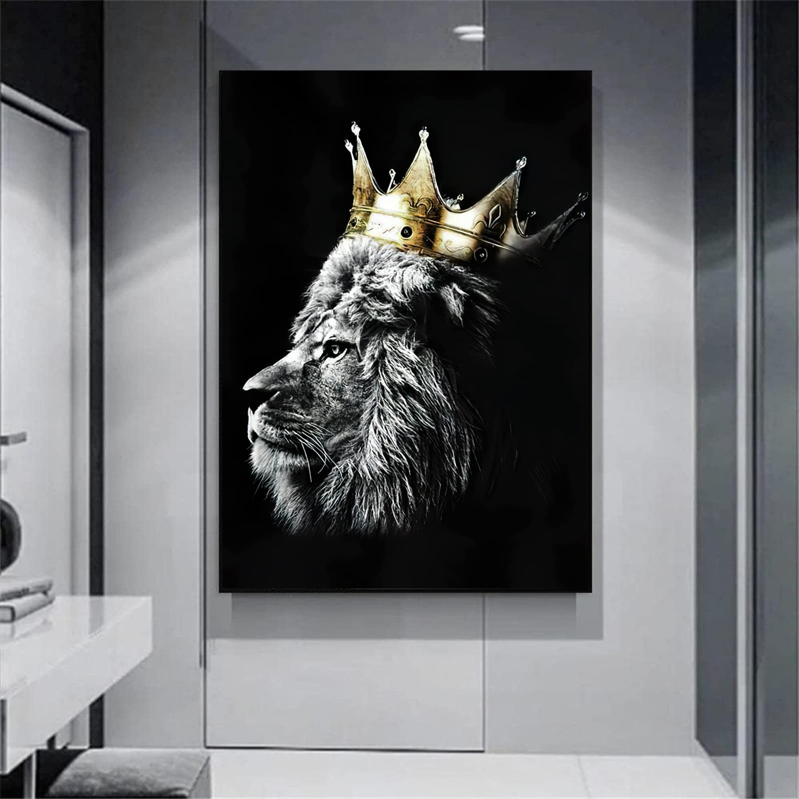 IUNTWEIE León y leona con corona, imágenes de lienzo en blanco y negro, póster de animales, decoración de arte animal salvaje, impresiones para sala de estar, sin marco (león -1, 2x50x70)