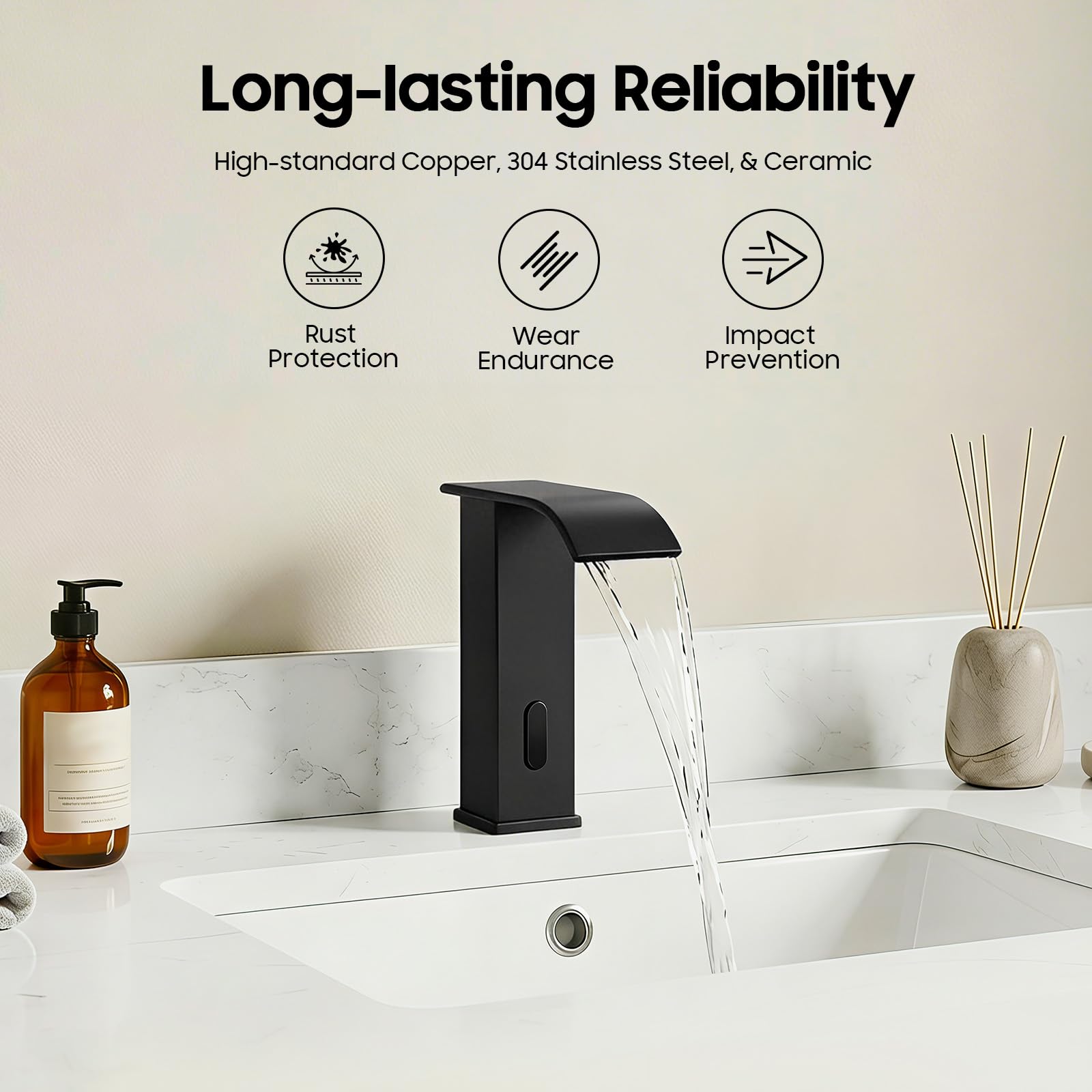 Miscelatore per lavandino da bagno con cascata acqua calda/fredda, rubinetto con sensore a infrarossi e regolazione della temperatura per lavandini da bagno e cucina (nero)
