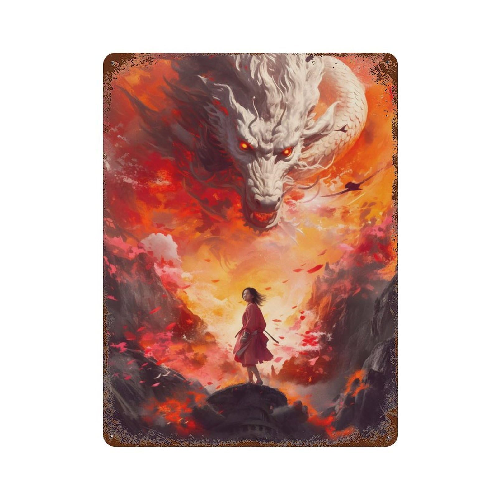 White Dragon Fire Decorative Tin Sign 15.7"x11.8", Ideal for Cafe, Home Bar And Lounge Decor