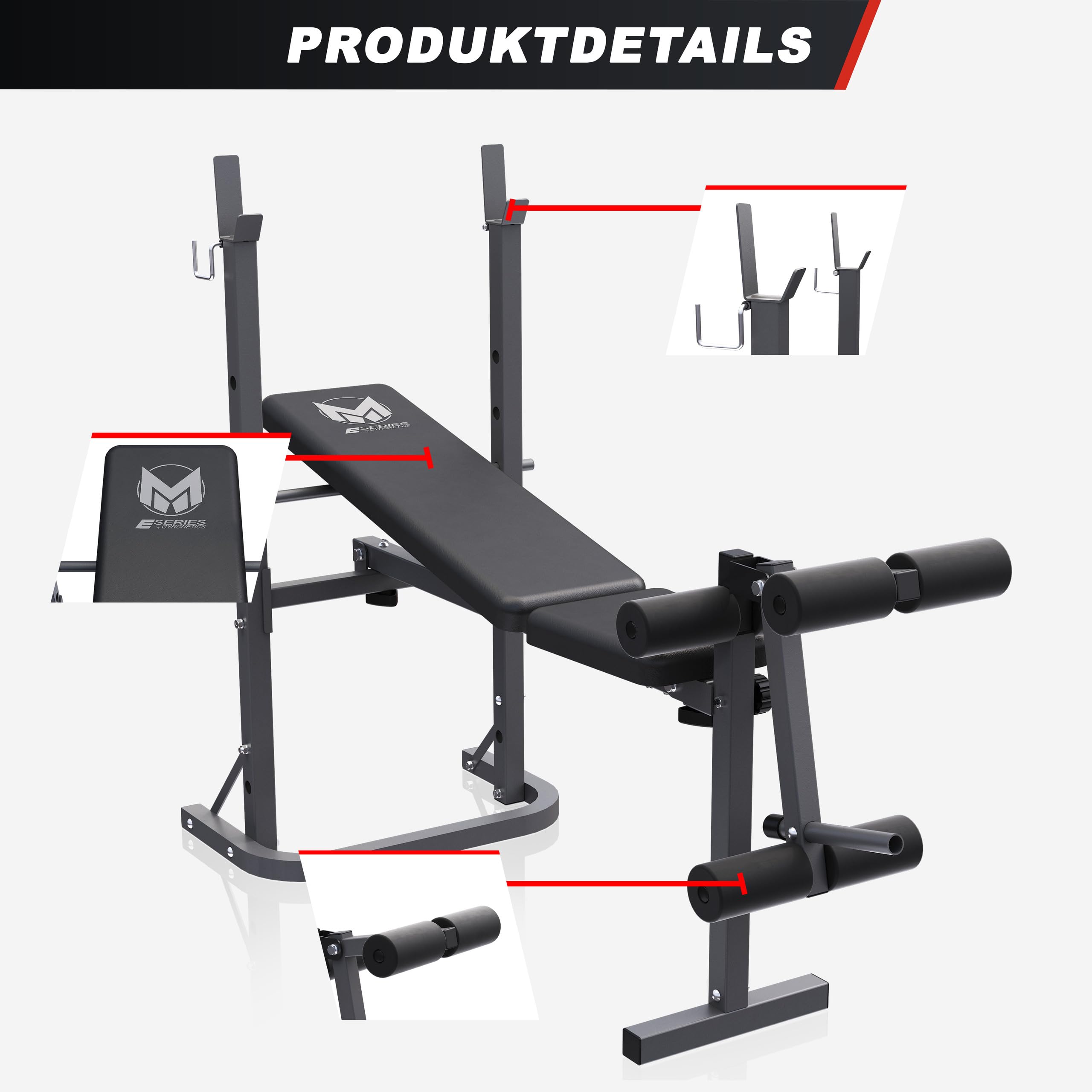 GYRONETICS® Hantelbank klappbar, 3-fach verstellbar, Ablage, bis 220 kg | Mit Beincurler, Federverschluss, Stahlrahmen und Kunstlederpolster; Trainingsbank, Schrägbank, Sit-up-Bank, Kraftstation