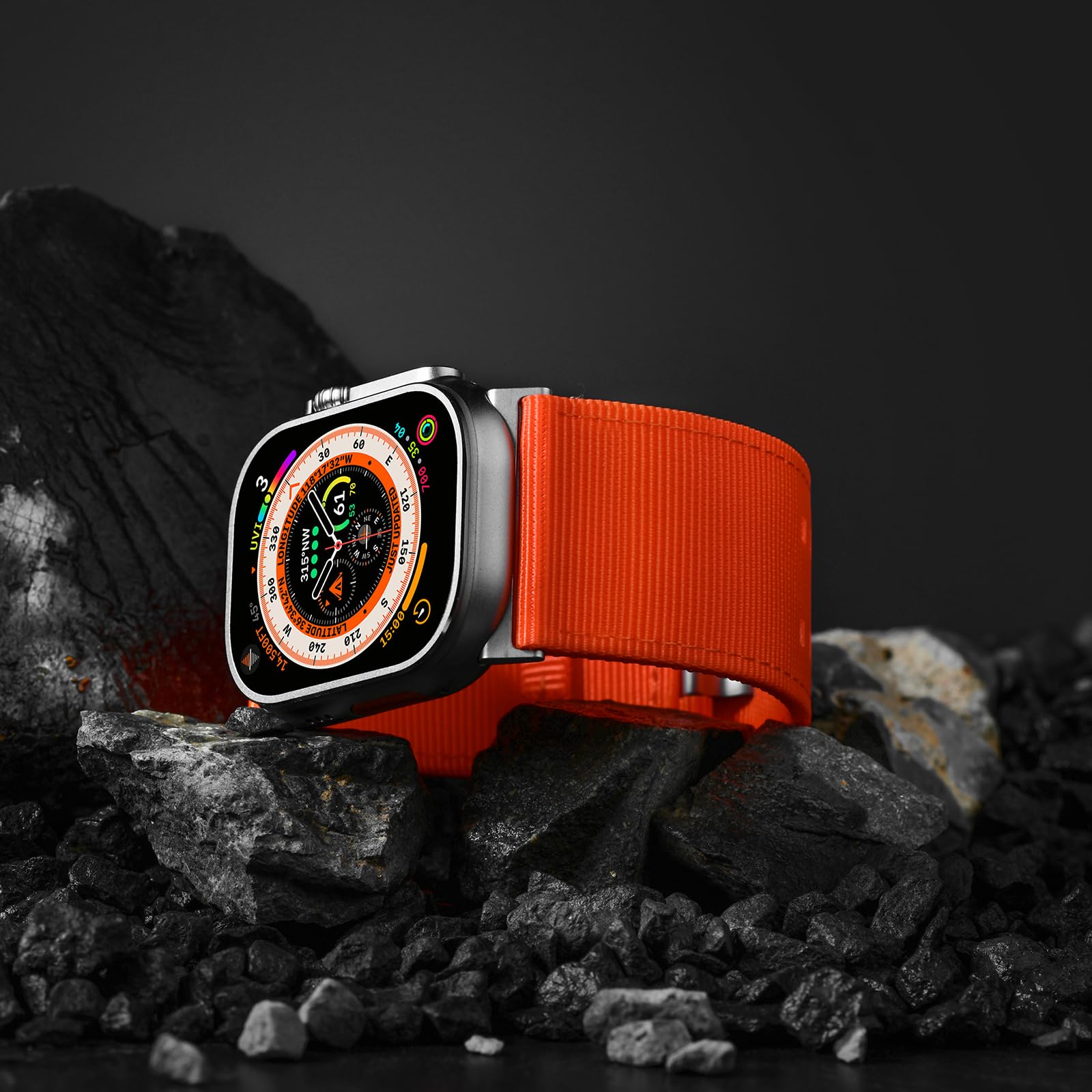 Tefeca Dual Series Bracelet de montre de rechange compatible avec Apple Watch/Apple Watch Ultra (nylon orange avec adaptateurs argentés)