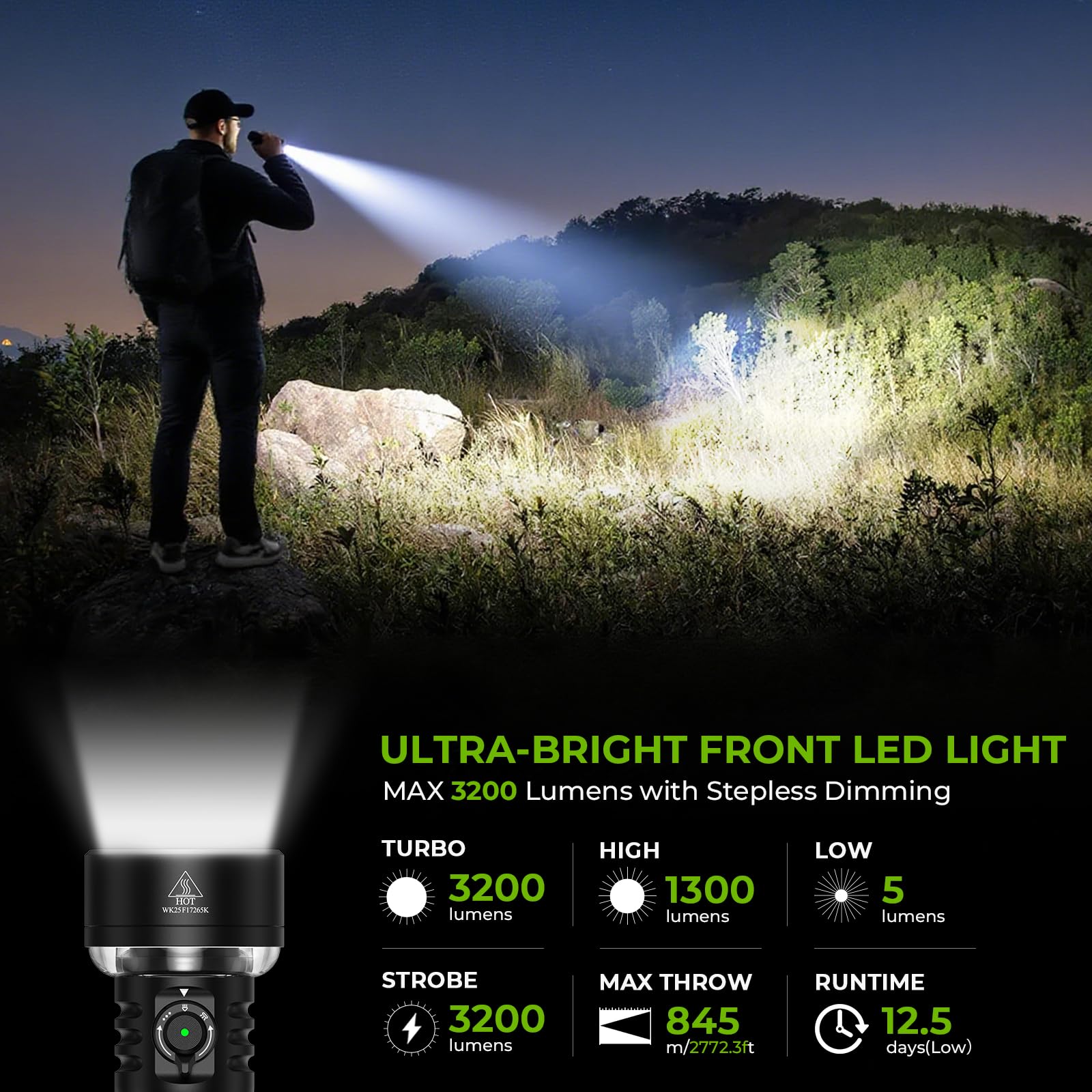 Wurkkos TS27 Rechargeable High Lumen Flashlights, 3200LM 2772Feet