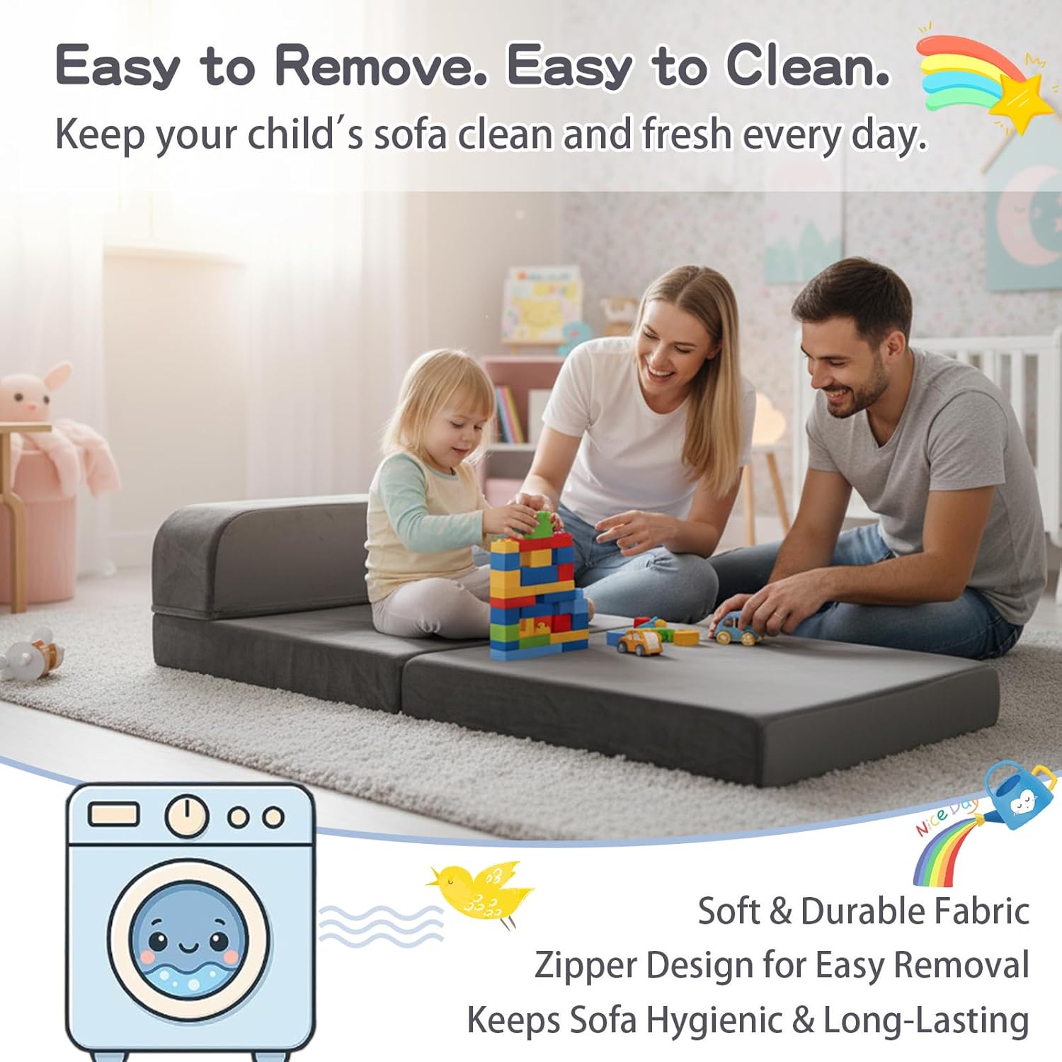 Tiita Folding Sofa Bed for Kids, Toddler Fold Out Couch Beds with Removable Cover, Kids Futon Sleeper Chair Folding Bed Mattress for Children Room, Living Room, Guest Room,Grey