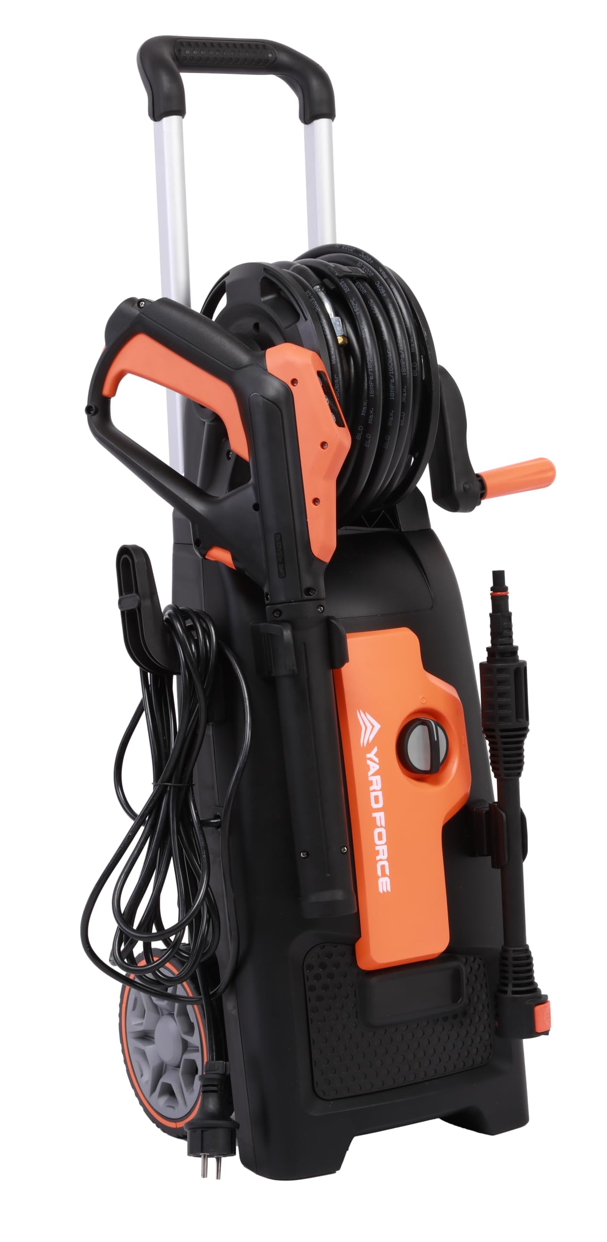 Yard Force EW U15C - Limpiador de alta presión (2000 W, máx. 150 bar, 440 l/h, boquilla Vario-Twist y Turbo, manguera de 6,5 m, carrete de manguera integrado, mango telescópico, depósito de detergente