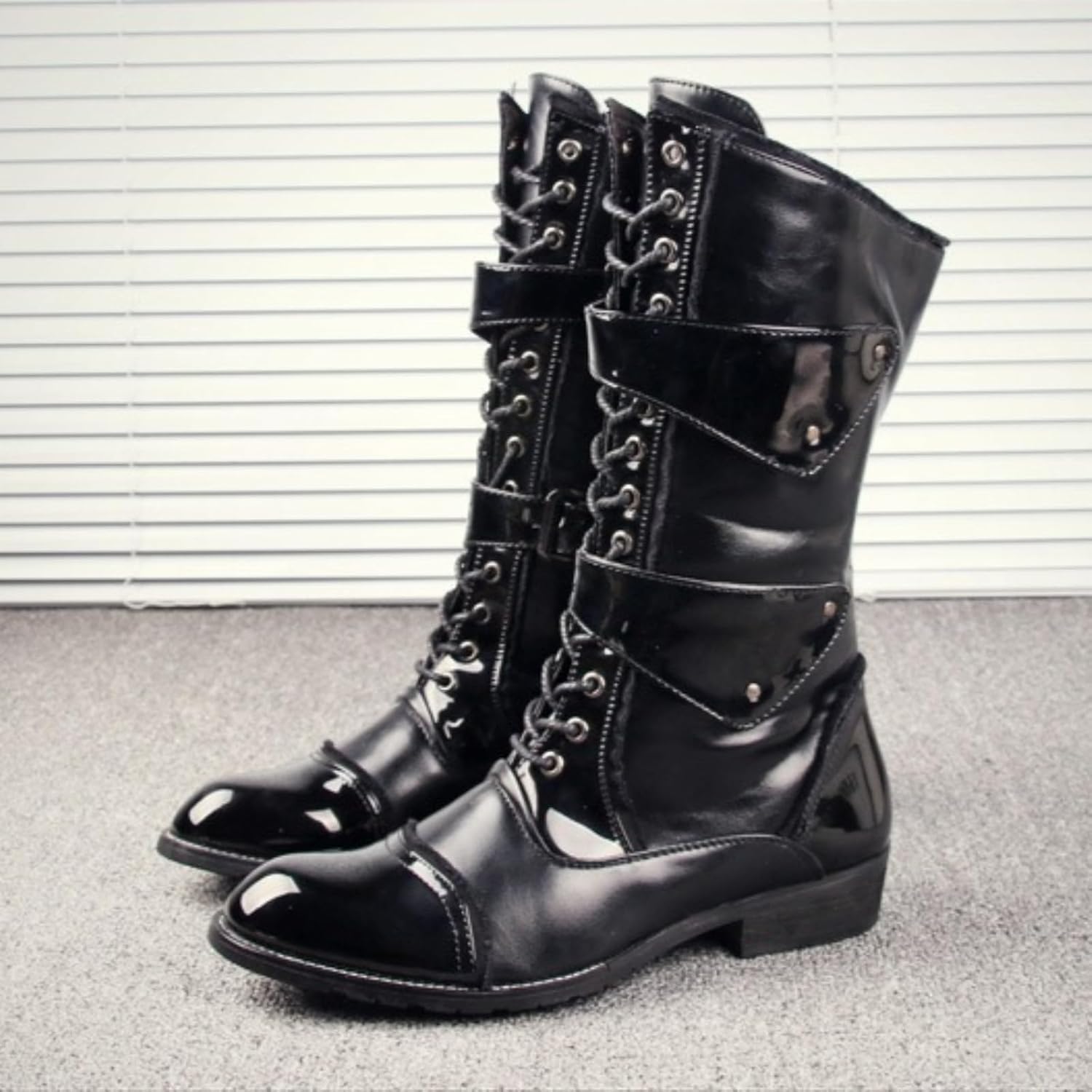 Men's Leather Lace-up Calf High Motorcycle Boots Side Zipper Fashion Pointed Toe Block Heel Korean Style Western Boots For Daily Activities Outdoor Performance Party